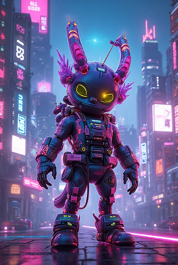 a close up of a robot with a glowing head and a purple background, cyber mech, in style of beeple, cyberpunk pikachu, style hybrid mix of beeple, 3 d render beeple, cute elaborate epic robot, beeple masterpiece, cyberpunk art style, yellow mech, beeple!!, cyber steampunk 8 k 3 d