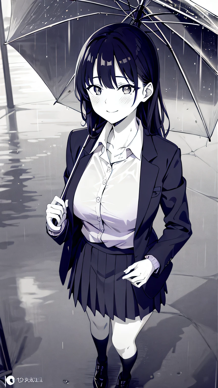 (monochrome:1.5), (fake phone screenshot:1.3), {{{masterpiece}}}, (best quality:1.5), (ultra-detailed:1.5), {illustration}, {{an extremely delicate and beautiful}}, (beautiful detailed eyes:1.6), absurdres, highres, extremely detailed face, 16k, hd, visual anime de uma jovem mulher, extremamente bonito rosto de anime, anime melhor garota, (perfect hands, perfect anatomy), (five fingers:1.1), anime face, Yamada Anna(Boku no Kokoro no Yabai Yatsu), aaanna, 1girl, solo, cute face, long hair, black hair, (brown eyes:1.4), flushed cheeks, tall woman, large breasts, thin waist, big hips, curvaceous, BREAK, blazer, blue jacket, open jacket, long sleeves, blue sleeves, collarbone, collared shirt,white shirt, (purple sweater:1.2), tuck out, pleated skirt, blue skirt, miniskirt, crew socks, black socks, white footwear, BREAK, (Rainy day:1.3), girl holding an umbrella, hand holding umbrella, vinyl umbrella, cute face, smiling, looking at viewer, outdoor, (night:1.2), rain, (rain clouds:1.2), public park, (bust shot:1.5), (from above:1.3)