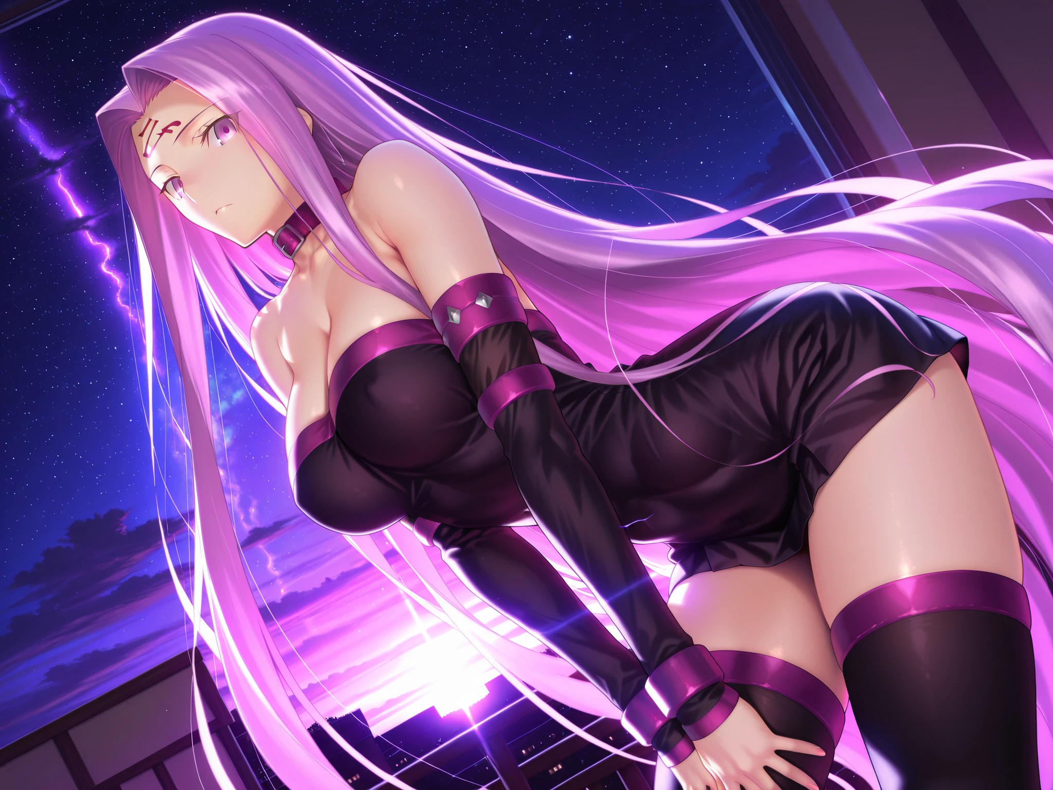solo,masterpiece,best quality,super fine illustration、finely detail 、clear picture、UHD、HDR, amazing quality, highres, absurdres, very aesthetic, high resolution, ultra detailed, perfect details,(masterpiece, detailed:1.2,medusa (fate), medusa (rider) (fate), purple hair, forehead mark, very long hair, (forehead:0.8)、purple eyes、purple collar, bare shoulders, strapless dress, black dress, cleavage, detached sleeves, tube dress, short dress, black thighhighs、looking at viewer、mature female、large breasts,takeuchi takashi,