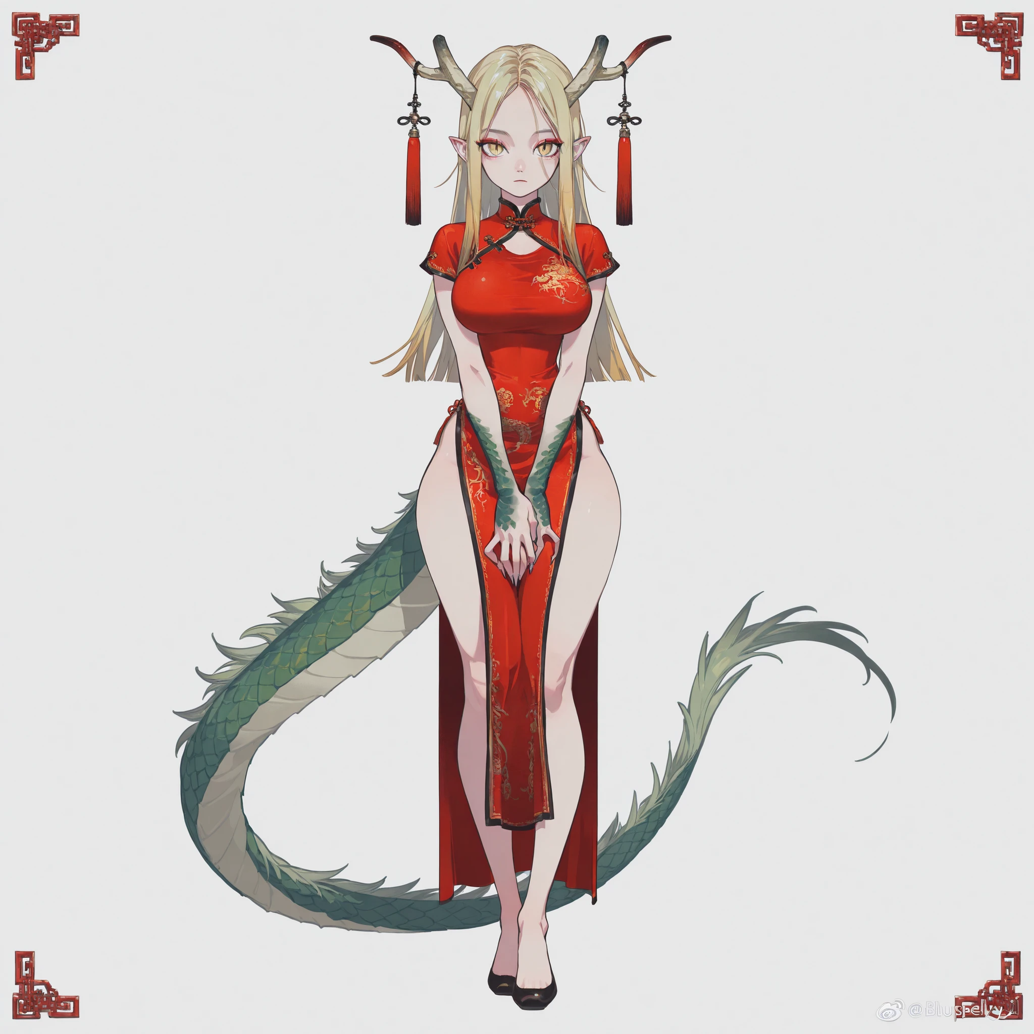 masterpiece, ultra-HD, impressionism, high detail, best quality, very aesthetic, 8K, best quality, beautiful, ultra-high resolution, 32K UHD, 4ki4k4ne_illu, 1woman, solo, long straight blonde hair, yellow eyes, almond-shaped eyes, eyelashes, red eyeliner, slit pupils, dragon tail, dragon horns, green scales, sharp nails, pointy ears, big breasts, wide hips, narrow waist, thick thighs, shapely legs, slim, red qipao dress, chinese clothes, short sleeves, blushed, expressionless, cute, elegant, hands on lap, standing, full body, looking at the viewer, simple background, front view