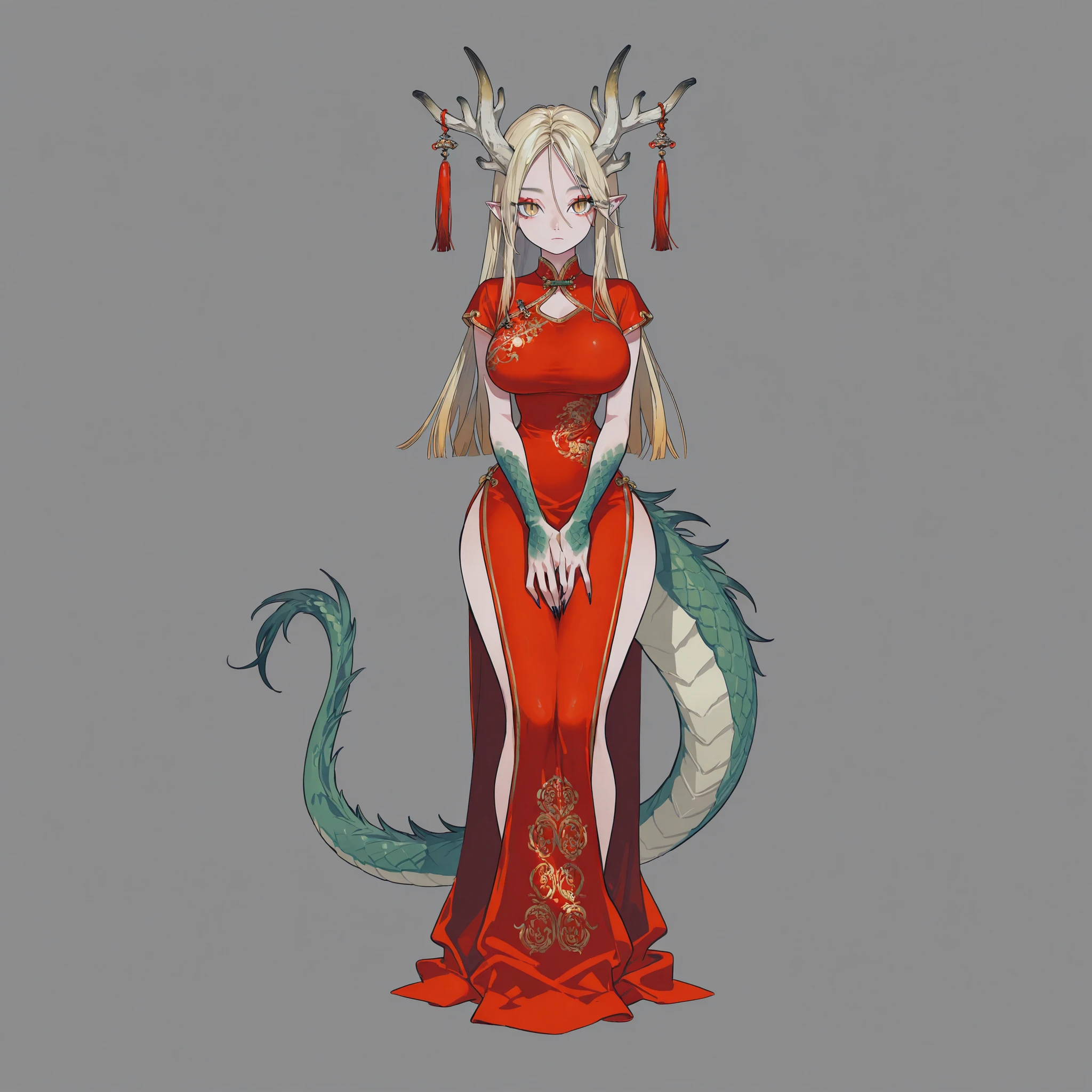 masterpiece, ultra-HD, impressionism, high detail, best quality, very aesthetic, 8K, best quality, beautiful, ultra-high resolution, 32K UHD, 4ki4k4ne_illu, 1woman, solo, long straight blonde hair, yellow eyes, almond-shaped eyes, eyelashes, red eyeliner, slit pupils, dragon tail, dragon horns, green scales, sharp nails, pointy ears, big breasts, wide hips, narrow waist, thick thighs, slim, red qipao dress, chinese clothes, short sleeves, blushed, expressionless, cute, elegant, hands on lap, standing, full body, looking at the viewer, simple background, front view