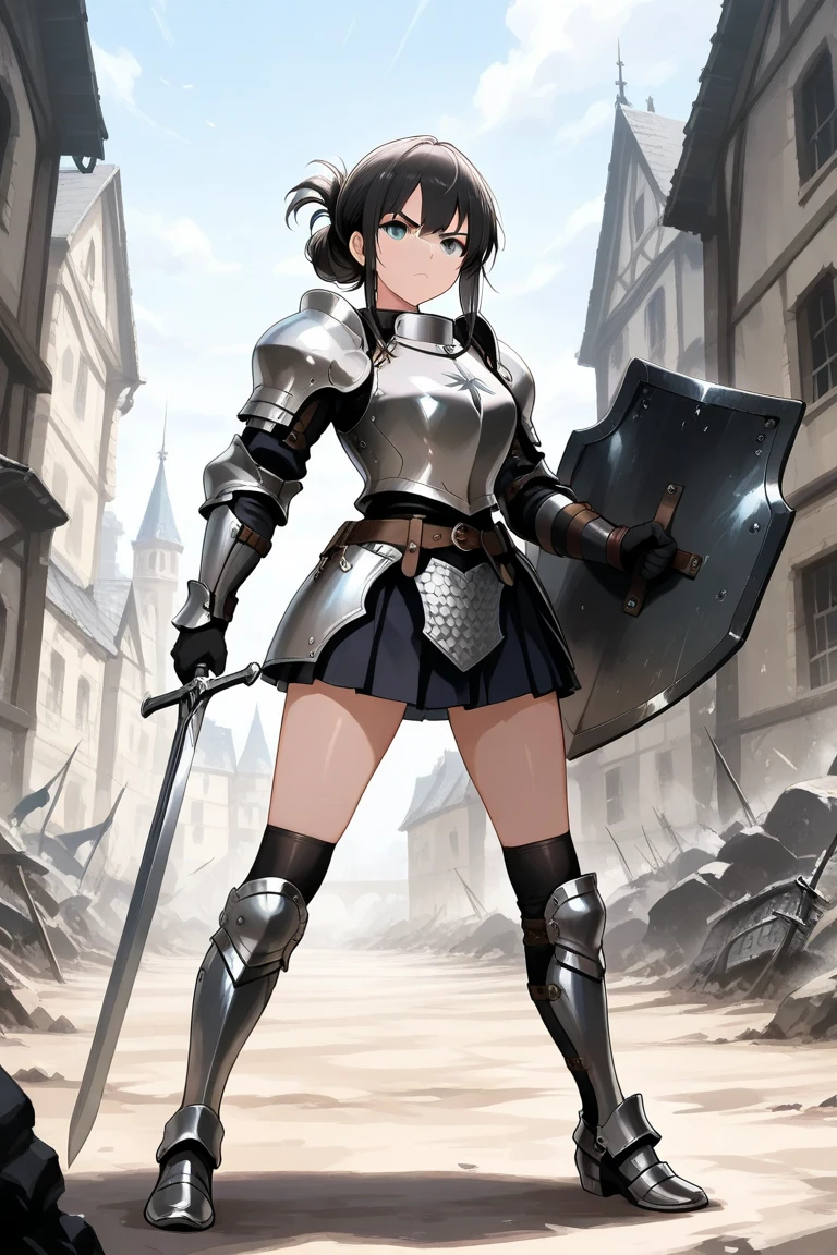 female knight Black Hair armor Torn white skirt No underwear battlefield squat