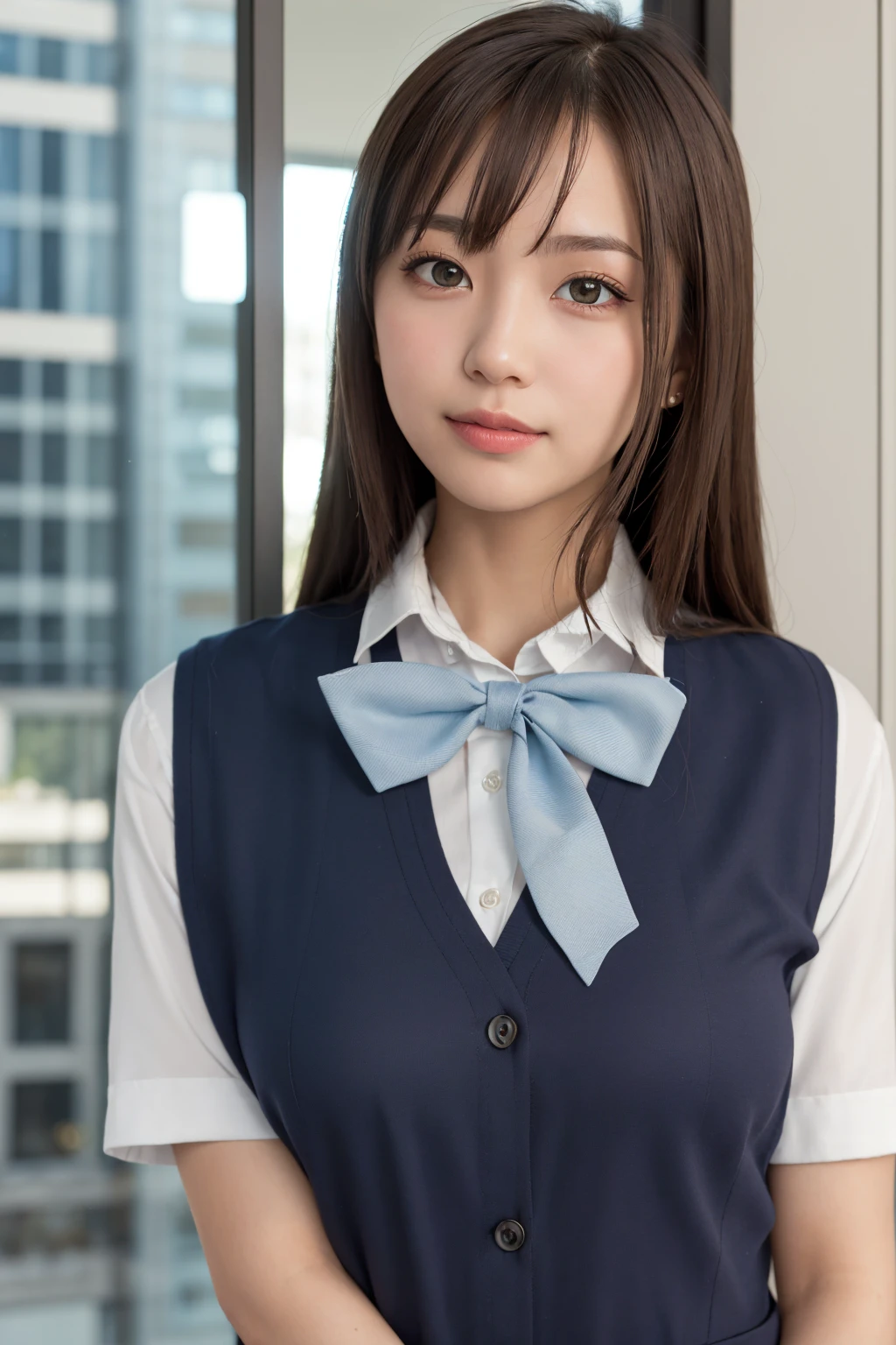8K, Top Quality, Real Image, Complex Detail, Ultra Detail, Ultra High Definition, Depth Field,(Photoreal,Real:1.2),Masterpiece, 0.25 :: Close Up , Straight On Shot , 1girl, ai_chan, Very Beautiful 17 Year Old Girl, Innocent Big Eyes, (Brown_SHORT_hair), (GREEN_eyes:1.0),( bangs),disheveled hair,(hair clip), perfect shiny skin, perfect skin, fair skin, just the right size breasts, cleavage, narrow waist, light blush, solo, look at the viewer, light smile,
Wear ((school_uniform), (white_skirt), (BLUE_Long_Tie), (BLUE_pleated_skirt), (Black_pantyhose): 1.2),
(Gravure Pose: 1.1),
sunset
Japan High School ,