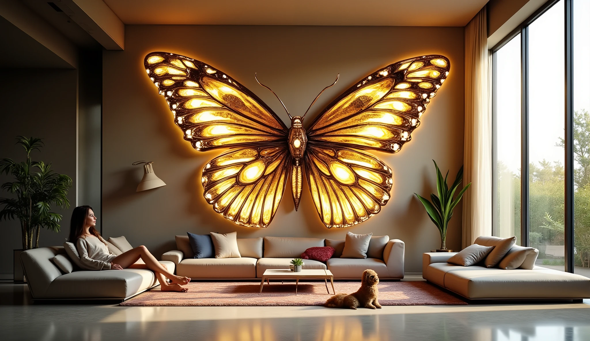 A luxurious modern living room bathed in soft natural light, featuring an enormous, intricate butterfly wall art as the centerpiece. The butterfly wings are highly detailed with gold filigree, gemstones, and delicate floral motifs, shimmering with realism and elegance. A small dog sits quietly on the polished floor, while two people relax on sleek contemporary furniture, the atmosphere radiating serenity, intimacy, and refined artistic beauty. Ultra-realistic, high-resolution, cinematic lighting, elegant interior design, hyper-detailed textures.