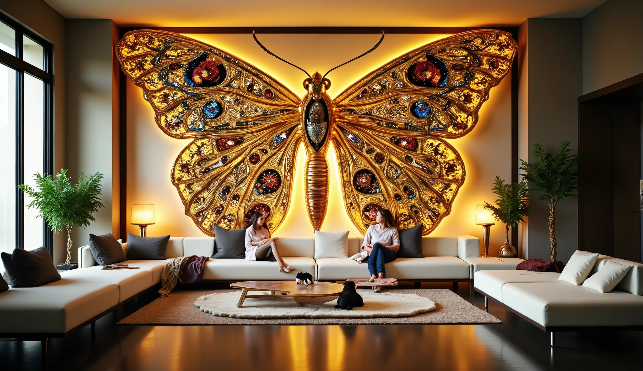 A luxurious modern living room bathed in soft natural light, featuring an enormous, intricate butterfly wall art as the centerpiece. The butterfly wings are highly detailed with gold filigree, gemstones, and delicate floral motifs, shimmering with realism and elegance. A small dog sits quietly on the polished floor, while two people relax on sleek contemporary furniture, the atmosphere radiating serenity, intimacy, and refined artistic beauty. Ultra-realistic, high-resolution, cinematic lighting, elegant interior design, hyper-detailed textures.