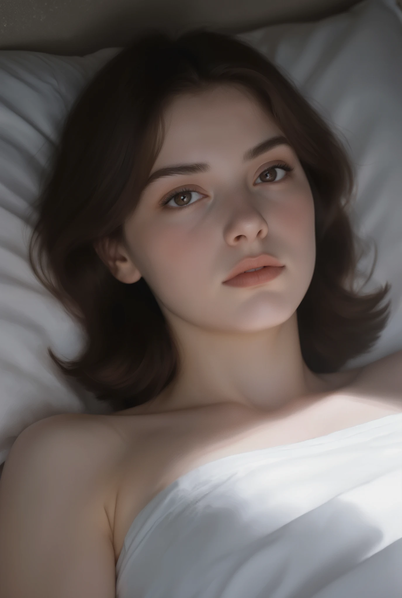 18 year old brunete medium hair Carmen Winstead looks at me in the bed closely knowing that she loves me