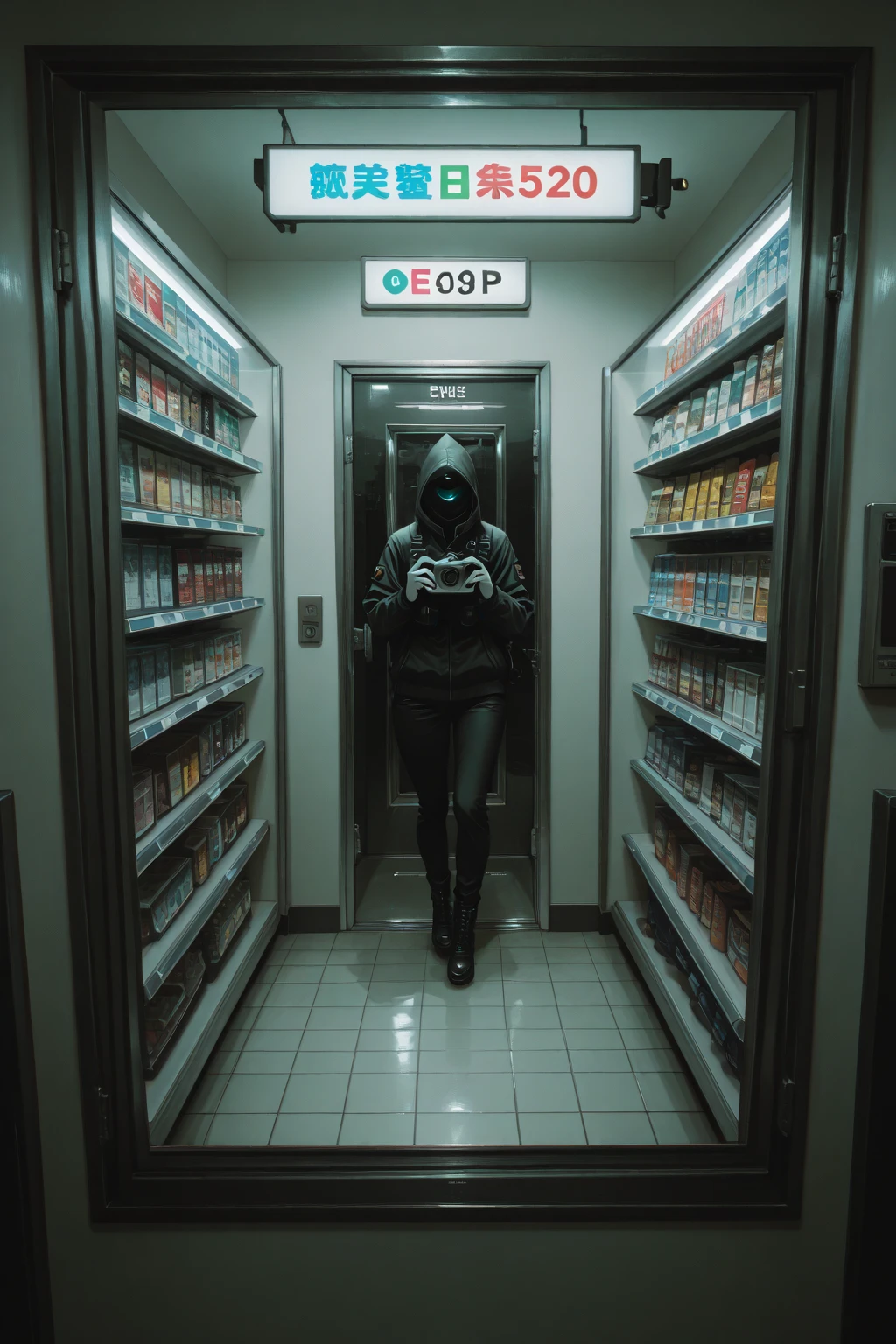 A masked robber in a late-night convenience store, a frightened cashier, night scene, dimly lit store, surveillance cameras recording, struggle for control, tense atmosphere, shelves stocked with various products, cash register with money, hushed whispers, desperate plea for help, fear in the eyes of the cashier, hasty movements, hidden panic button, security guard on lunch break, eerie silence, flickering fluorescent lights, abandoned aisles, dusty floor, shadows lurking in the corners, eerie reflections on windows. (best quality,4k,8k,highres,masterpiece:1.2),ultra-detailed,(realistic,photorealistic,photo-realistic:1.37), dark mood, suspenseful, thriller, cinematic lighting, contrasting colors, night sky, subdued tones, dramatic shadows.