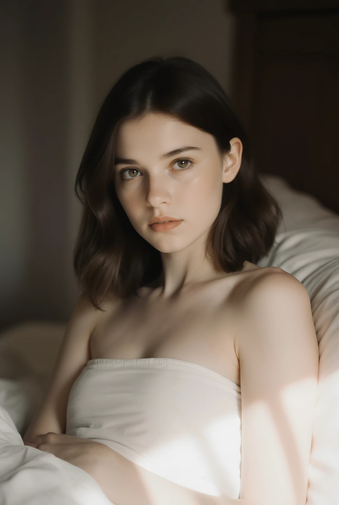 18 year old brunete medium hair Carmen Winstead looks at me in the bed closely knowing that she loves me.naked fully