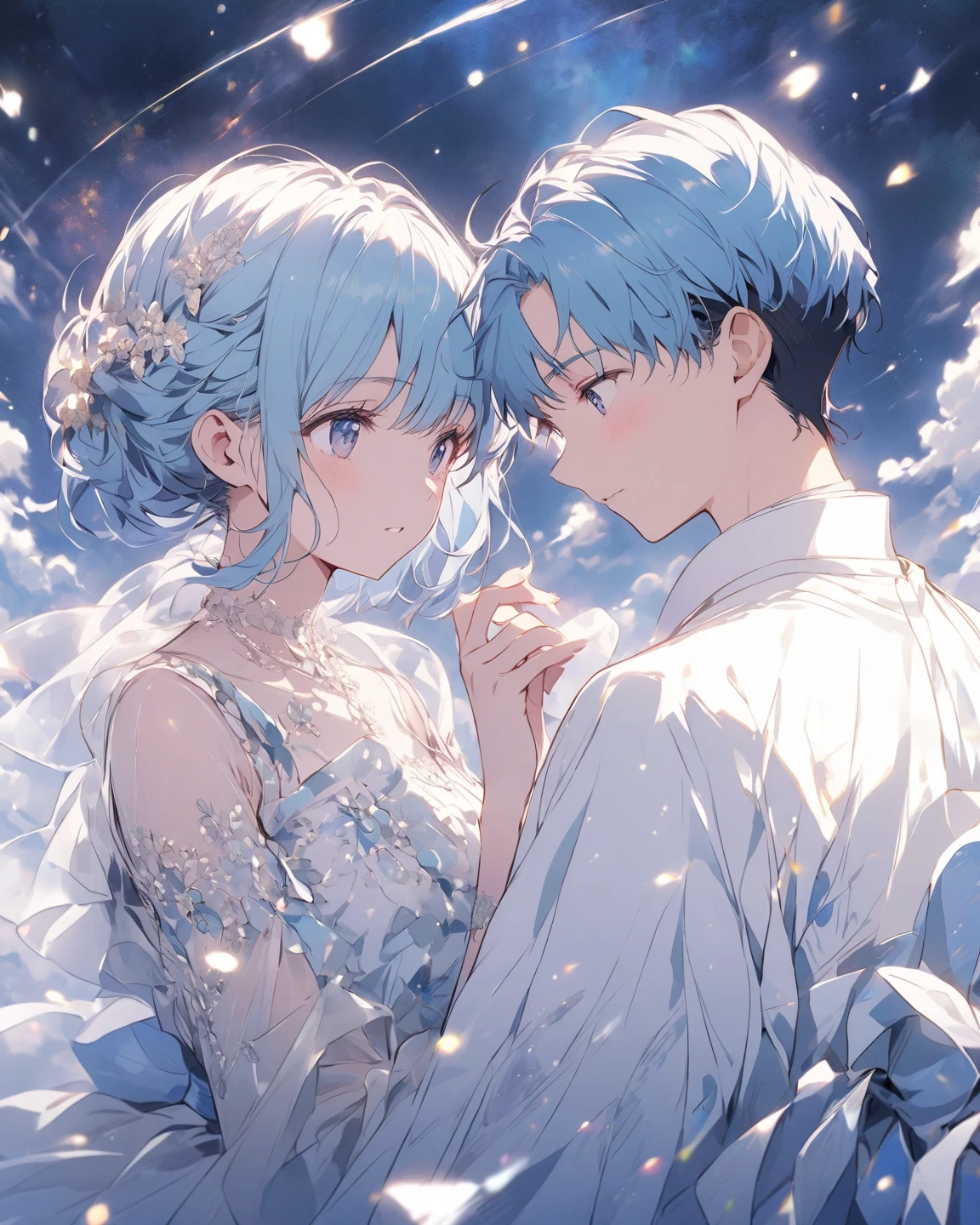 A boy with blue hair, medium short hair, green eyes, height 1.84 elegant suit hugging a girl with platinum white wavy hair waist length crimson red eye color elegant clothing fox race