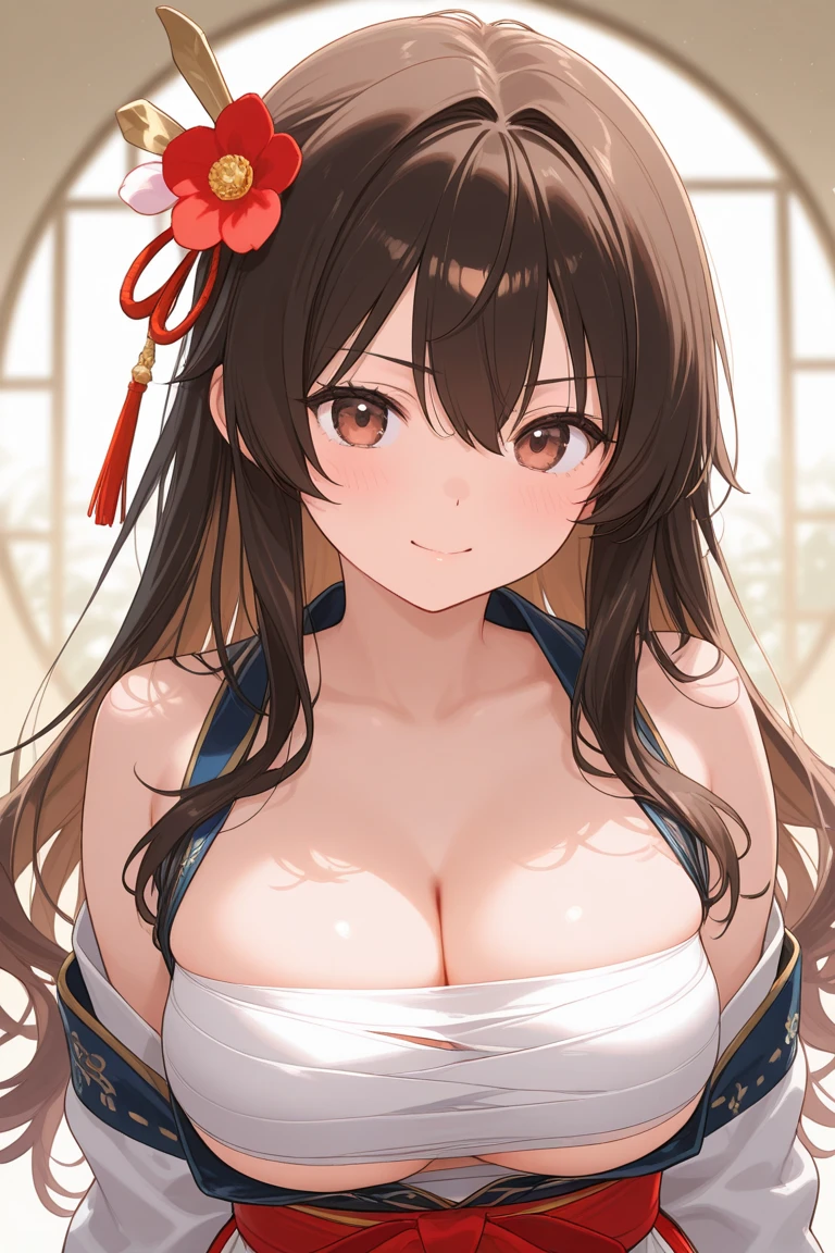 (Masterpiece:1.2, Best quality), cleavage,Large breasts,(fine detailed beautiful eyes: 1.2), 1girll, (komono:1.3), Large breasts, Bare shoulders, flowers and petals, Beautiful concept illustration, (White background:0.5), (illustration:1.1), (Extremely fine and beautiful:1.1), (Perfect details:1.1), Cowboy shot,