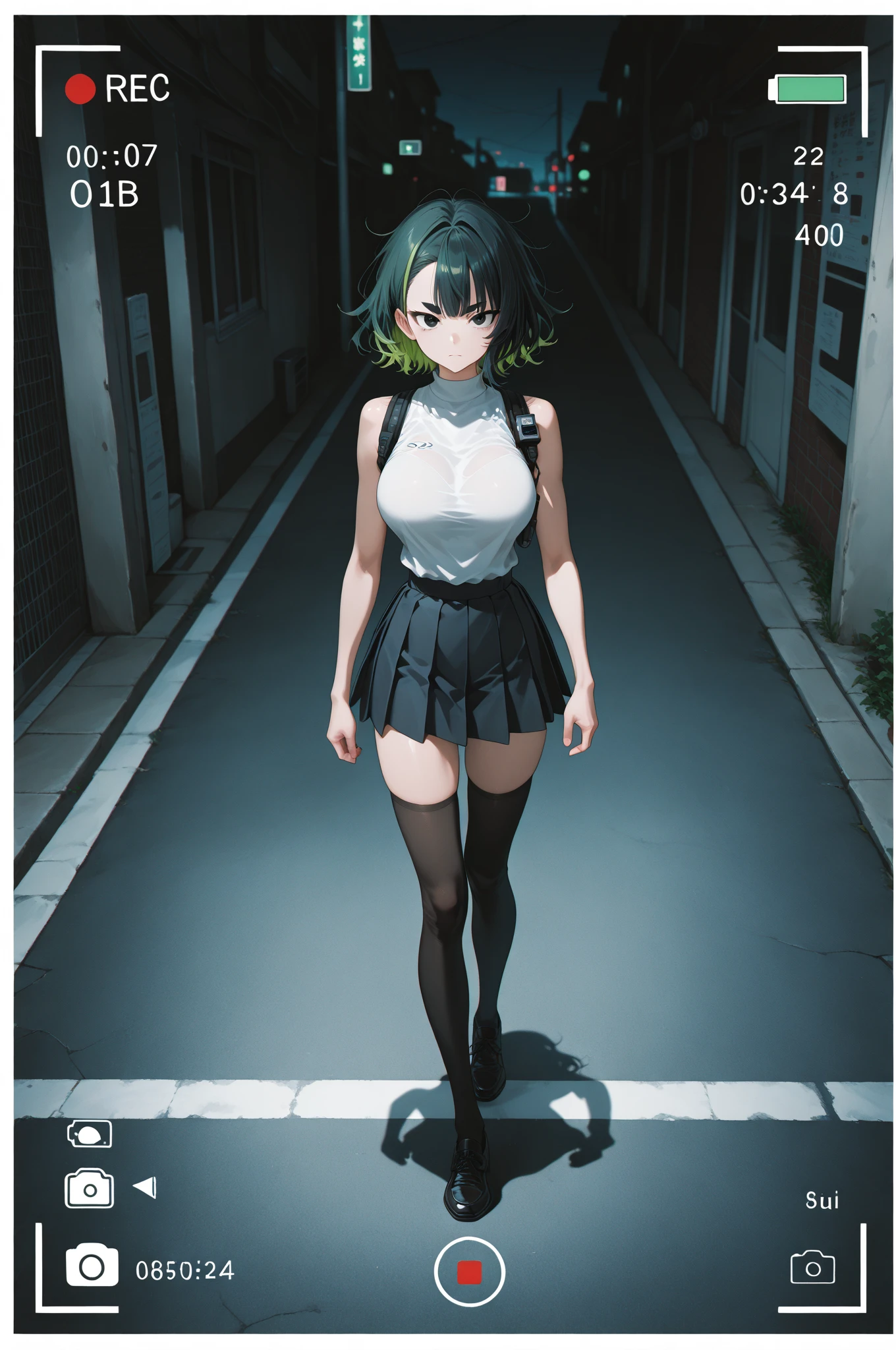 anime、high resolution、Old wooden station building、Woman Standing Alone、((Green short hair))、((Sleeveless black mini dress))、Slender figure、White high heels、The wind is blowing、There is no one around、Midsummer Afternoon、