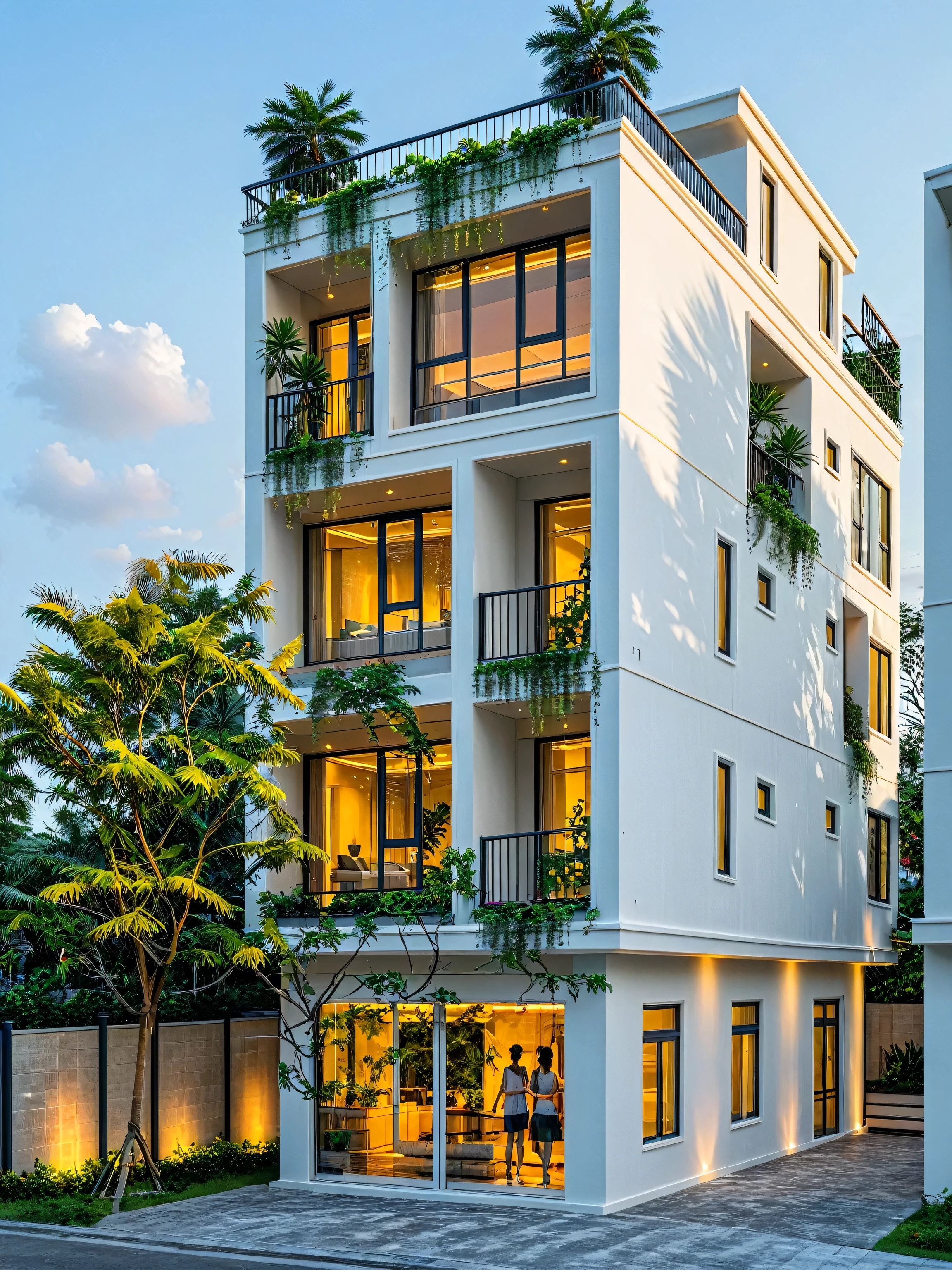 neo classical villa on street, tropical tree, vivid colour, streetcapes, black detail, white wall, large glass door, warm interior lighting, best quality,