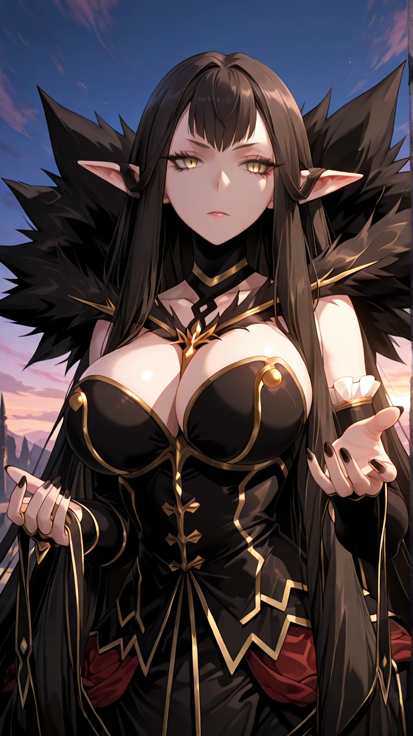best quality, masterpiece, highres, solo, {semiramis_fgo:1.15}, long_hair, pointy_ears, yellow_eyes, black_hair, breasts, large_breasts, very_long_hair, cleavage, bangs, smile