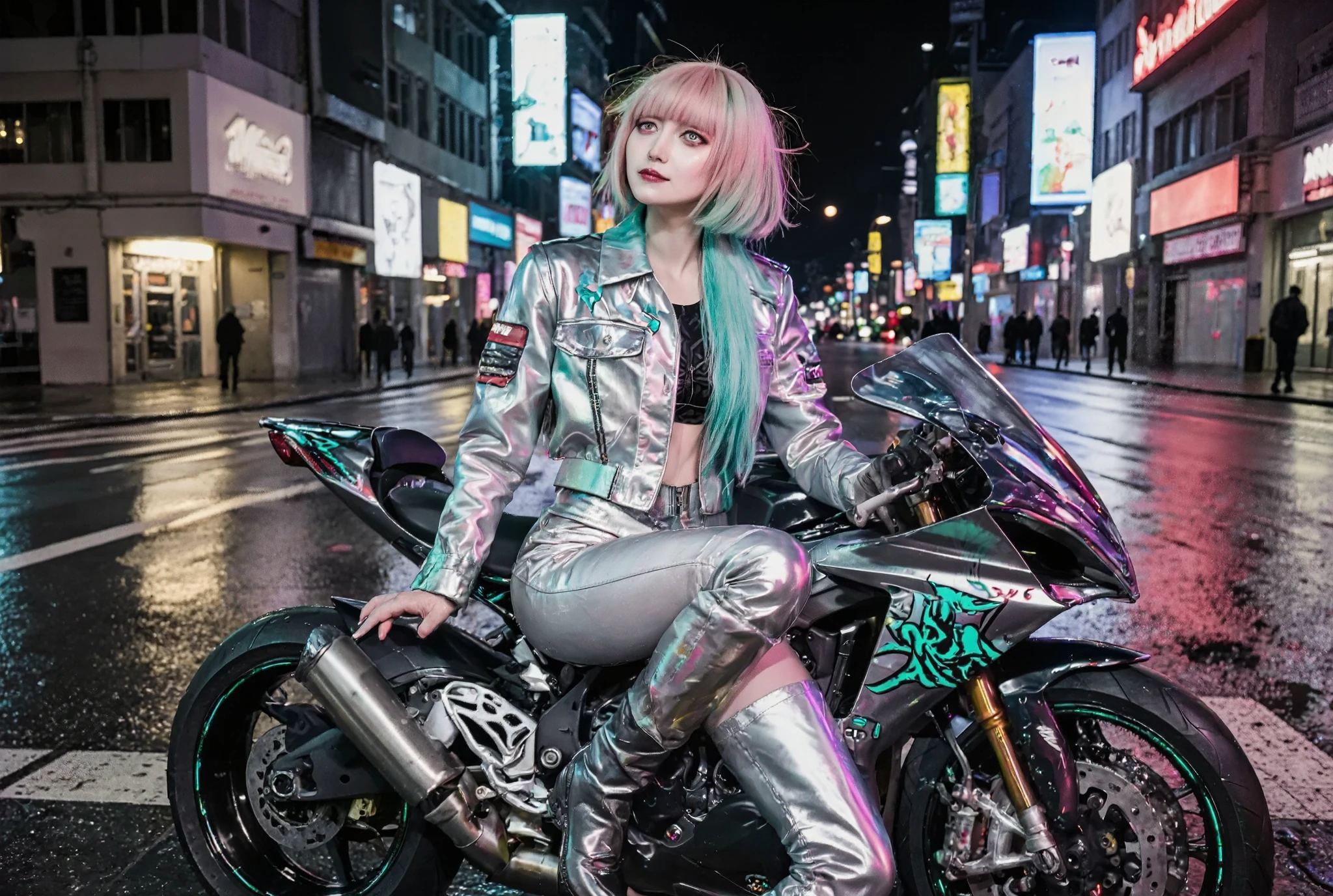 A hyper-realistic photo of a futuristic race queen biker sitting astride a sleek motorcycle.
She has a pastel pink to turquoise gradient bob haircut, softly illuminated by neon lights,
her eyes glancing back over her shoulder with a confident yet teasing expression.
Her racing outfit is metallic silver with turquoise accents, a glossy cropped jacket,
high-cut bottoms, and knee-high boots that shine under the city glow.
The futuristic motorcycle beneath her has a chrome body with glowing holographic decals,
its contours reflecting the rain-slick neon streets.
Her pose emphasizes her curves and strength, leaning forward slightly with one hand gripping the handlebar,
while the other rests casually on her hip.
The cinematic atmosphere is charged with speed and glamour, combining the elegance of a race queen
with the raw power of a biker, captured as if through a professional fashion photoshoot at night.
photographed with an 85mm lens, shallow depth of field, soft cinematic lighting.