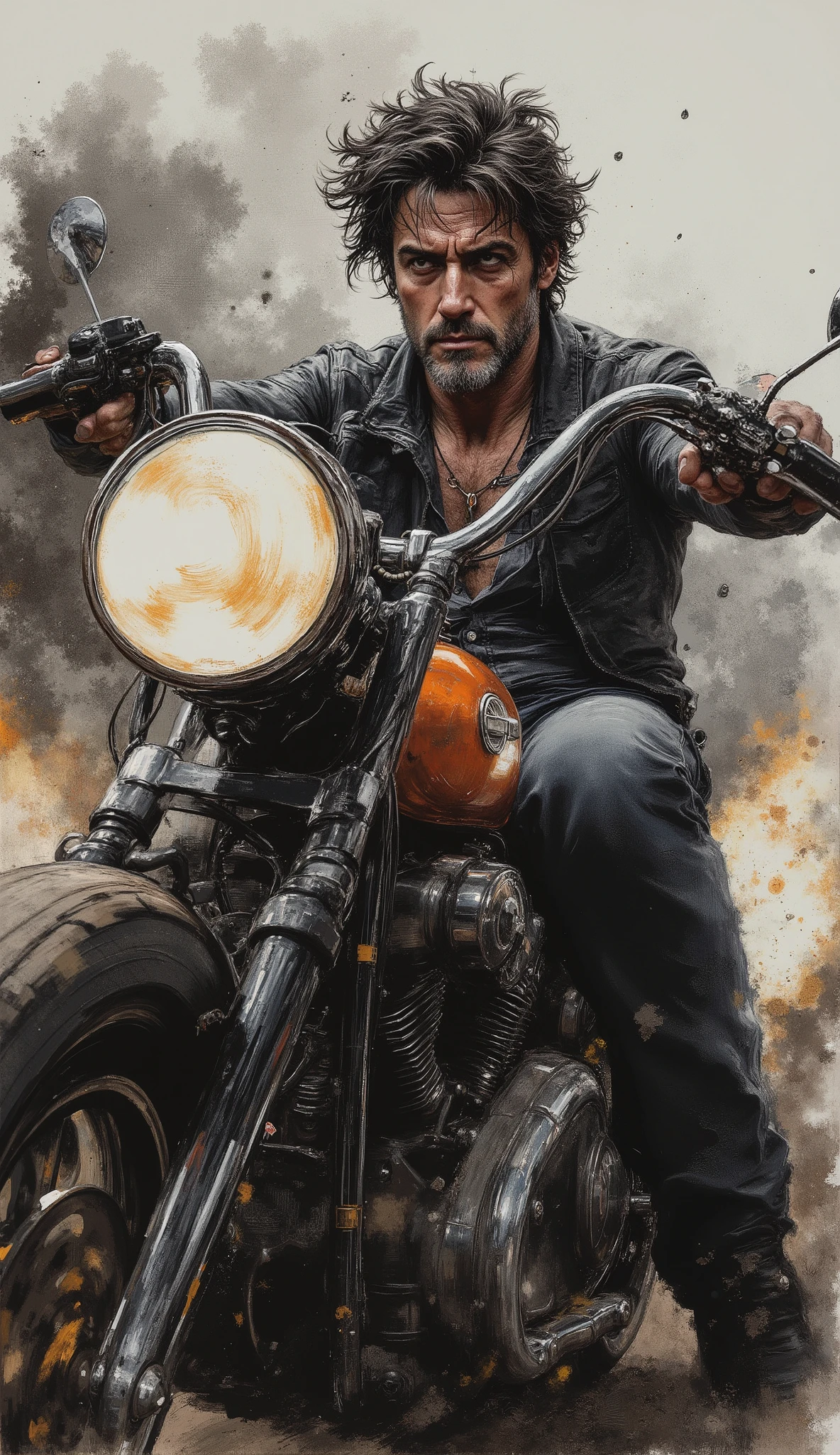 Create a detailed oil painting in the dark fantasy style depicting Sylvester Stallone as a middle-aged man driving a Harley-Davidson at breakneck speed. He has a stern, tired expression, dark disheveled hair, and is wearing a black leather jacket, unbuttoned black shirt, and blue jeans. The bike has an orange gas tank and chrome-plated parts.