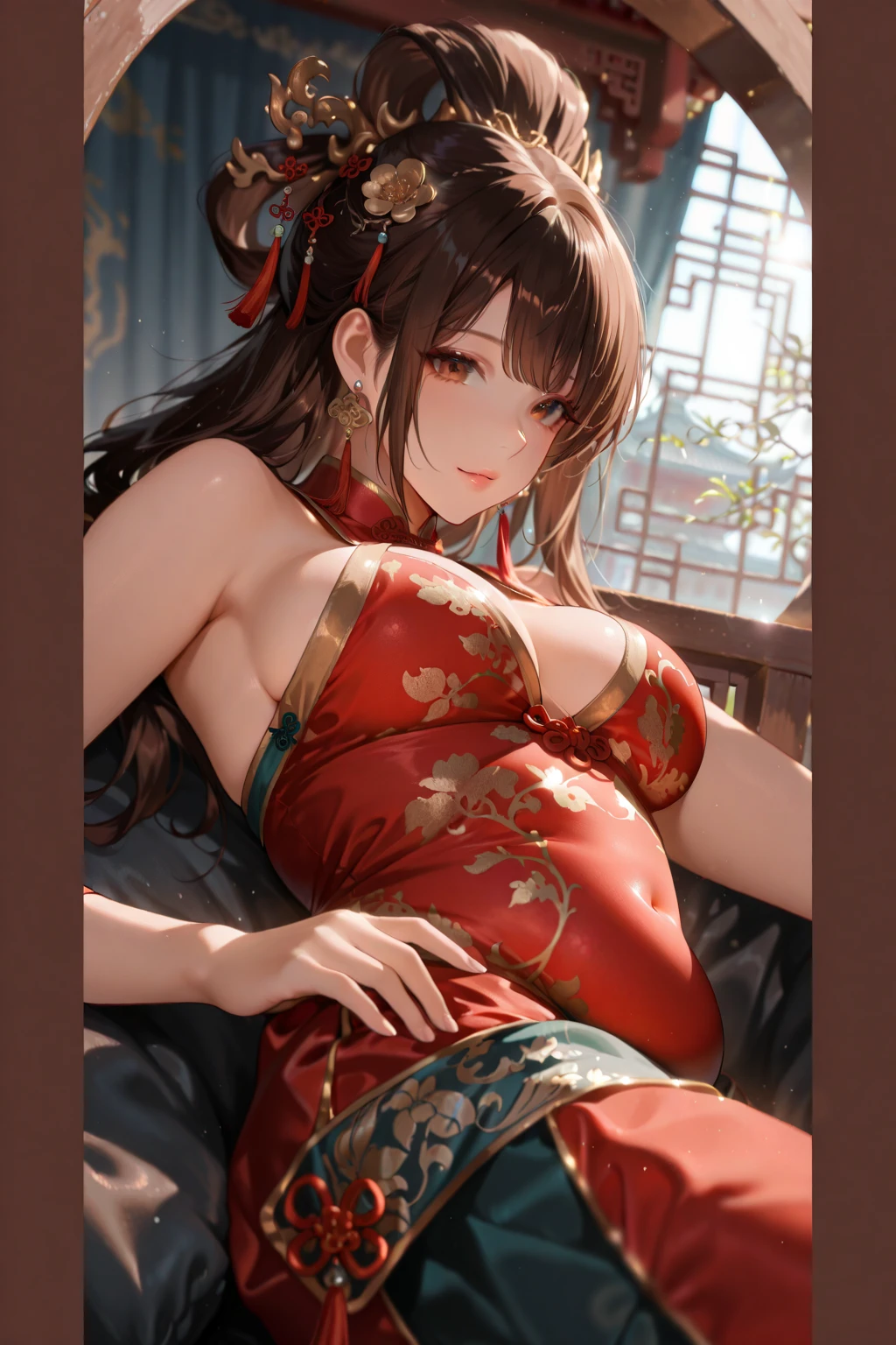 (Tabletop, Digital Art, Digital Illustration, 4K, 8K, Super detailed, Beautiful images, Clear images, Realistic, RAW Photos, Perfect Face, Perfect Lines, Perfect Eyes, Soft lighting) , masterpiece, best quality, 1 girl, 独奏, large breasts, brown hair, half updo ,red chinesedress, mini skirt, brown eyes, leaning forward, smile, (close-up breasts:1.2), cleavage, (Beijing:1.2),bare shoulders, china dress, chinese clothes, short dress, cleavage cutout, sideboob, thighs, on bed ,show off breasts,(1 boy, pov hands, grab breasts:1.5),