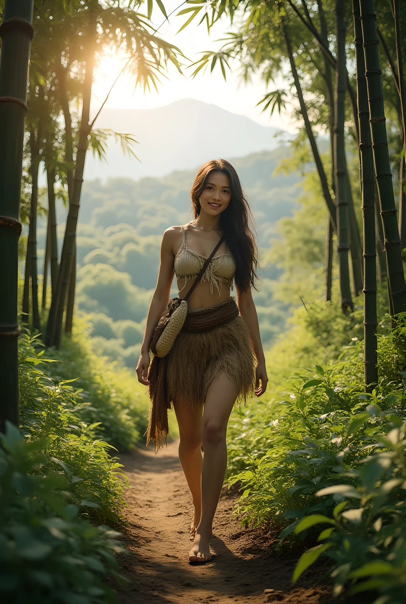 Safe Image Work, 

(Realistic ultra intricately natural landscape),during primitive Prehistoric era,smiling expression,a happy female folk hunter,wanderer,she is wearing simple folk traditional primitive fur and leaf long tunic coat dress, in the dense bamboo forest on the scenery,she is carrying a gunny sack,(perfectly shapely body|cinematic dynamically environmental camera angle scenery:accurately depicted:1.3),the tribe depicting scenery, she is holding intricately gunny sack, realistically full depth,(cinematography dynamic angle|hyperrealistic:realistic scenery:3d texture over the scenery),sunny day scenery,summer season,(cinematography vibe),bamboo forest landscape in the background,(dynamic image composition),(octane 3d rendering|50mm lens shot:1.3),(lifelike skin texture),(best rule of third photography composition),(best image aperture),(full details depth of field),(best shutter speed),(RAW photo image),(photorealistic|photorealism:hyperrealism style),(realistic depth 3d:cgi:1.3),(trending on cgsociety:devianart:unreal engine 5),(best photography:national Geographic style),flowerpunk artwork, digital art,best lighting concept,realistic fixed human anatomy body and hands anatomy, inspired by farcry5 game artwork.