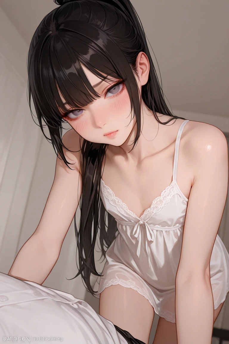 Best Quality,High resolution,8k,finelity detailed background,Masterpiece:1.2),beautiful girl,Shiny khaki hair,crossed bangs,Khaki Eyes,Gentle look,A refreshing look,smile,Best quality,Best Quality,Aesthetic and aesthetic:1.2,Best details((Super detailed))(High-definition CG illustrations),Upper Body,Dark grey underwear, (dark gray),Slender body,night,moon,Bedroom,On the bed,smile,blush,cute,Scrounge,Looking up,Being spoiled,super model,wariza,shoot from,below