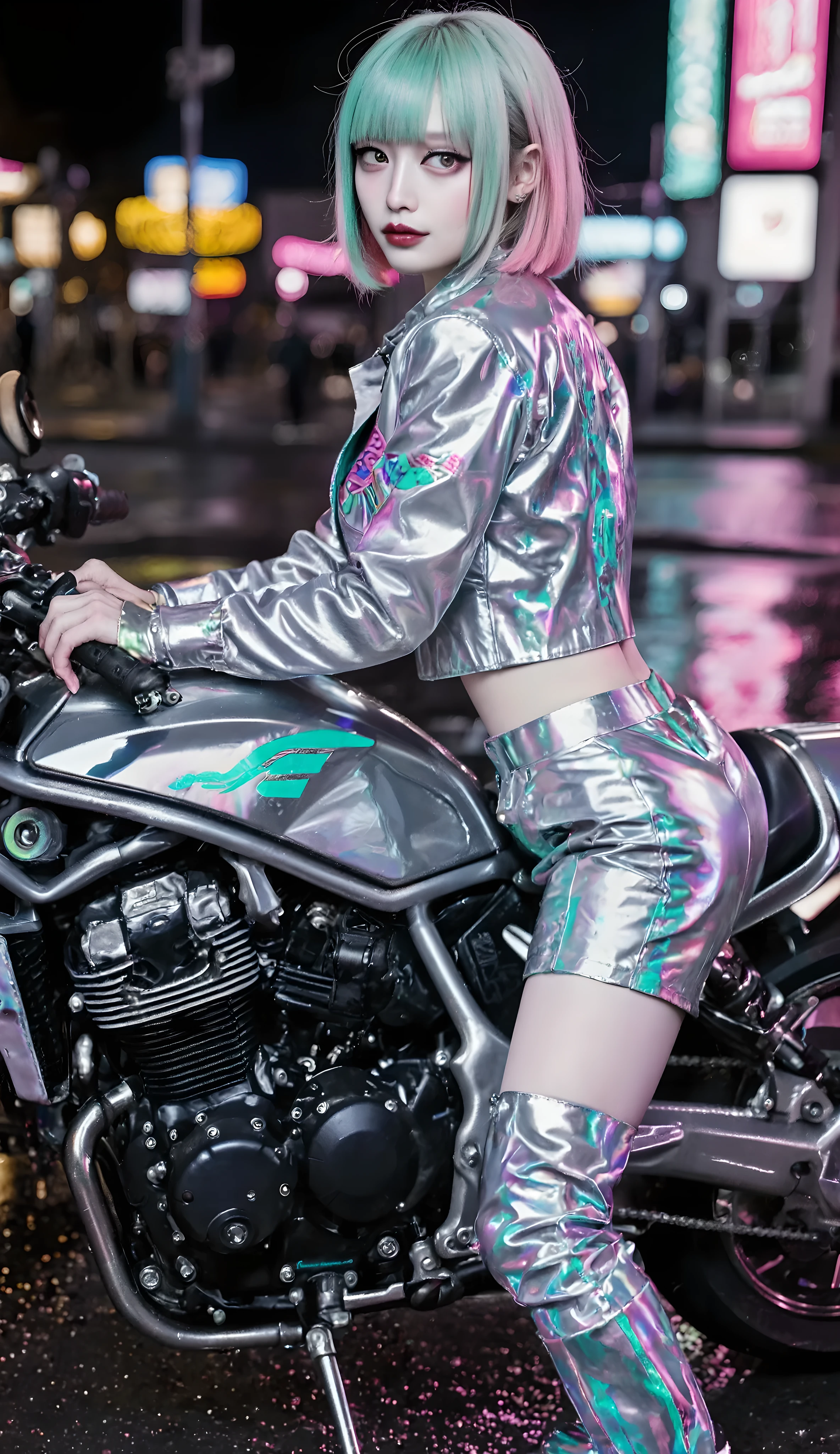 A hyper-realistic ultra-detailed photo of a futuristic race queen biker sitting astride a sleek motorcycle.
She has a pastel pink to turquoise gradient bob haircut, each strand rendered with fine texture and natural shine,
her flawless skin glowing softly under cinematic neon lighting.
Her eyes glance back over her shoulder with a confident yet teasing expression, captured with crystal clarity.
Her racing outfit is metallic silver with turquoise accents, a glossy cropped jacket, high-cut bottoms,
and knee-high reflective boots, all showing realistic fabric textures and subtle reflections.
The futuristic motorcycle beneath her has a polished chrome body with holographic decals,
every surface rendered with photorealistic precision and sharp reflections of the rain-slick neon streets.
Her pose emphasizes both curves and strength, leaning forward slightly with one hand gripping the handlebar
while the other rests on her hip.
The entire scene is presented in ultra-high resolution, cinematic composition,
as if captured by a professional fashion photographer using an 85mm lens,
with shallow depth of field, rich contrast, and lifelike color grading.
