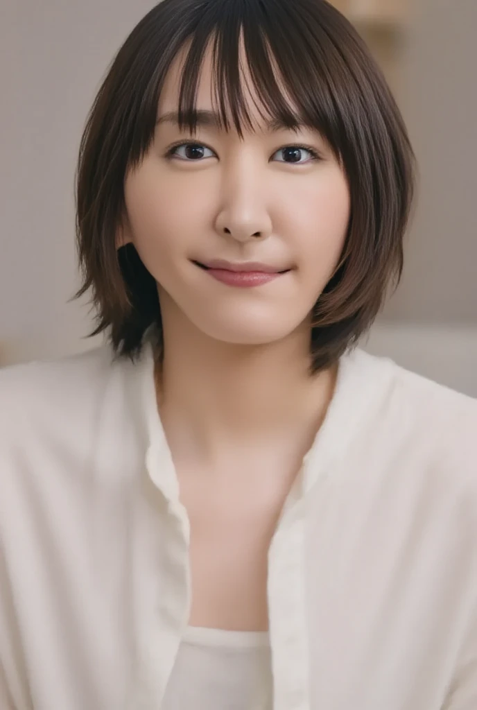 One Japanese woman、40 years old、He's wearing a plain white T-shirt and facing me、He's glaring at me with a look of contempt、He has a bob cut that reaches the middle of his neck、natural light makeup、Glossy Red Lips、He looks like he's about to punch me、Background is the bedroom、realistic, high detail, Glossy Red Lips、