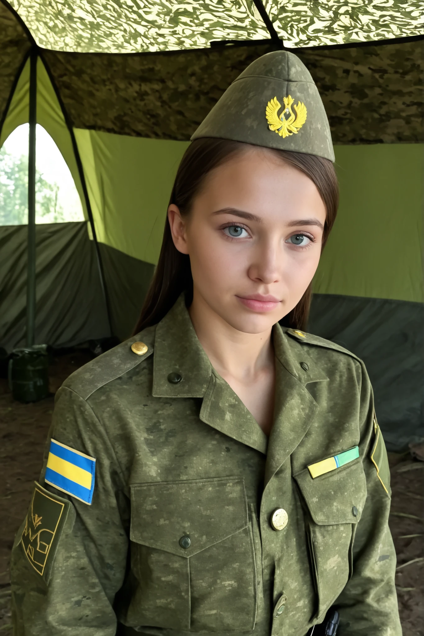 Please create an image of a woman dressing in a world war II military uniform having a   with two soldiers on a military jeep, (1girl), (2men)