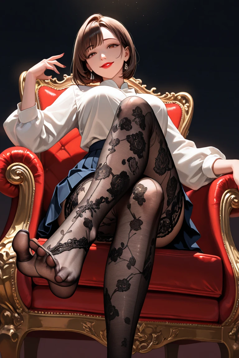 (masterpiece:1.5),(best quality, highest quality:1.2),ultra intricate detail, Beautiful 1girl,Great style, realistic, (High heels:1.2), Patterned stockings, Small earrings,necklace,(Red and black one-piece((High heels,Patterned stockings))),((Leaning against a wall)),Black rubber gloves,Realistic photo,(Medium cut hair),Stand at an angle,(Eyes warp)、(Grin),(smug face)