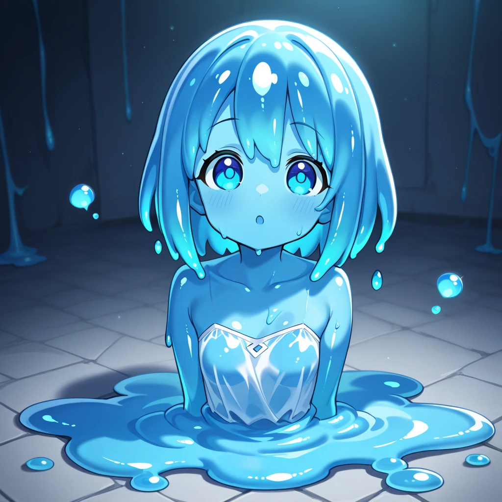 (masterpiece), best quality, 1girl, solo, slime girl, ligh, bedroom, loli, blue slime girl, upper body shot, portrait, digital art, beautiful, illustration, trending on artstation, featured on pixiv