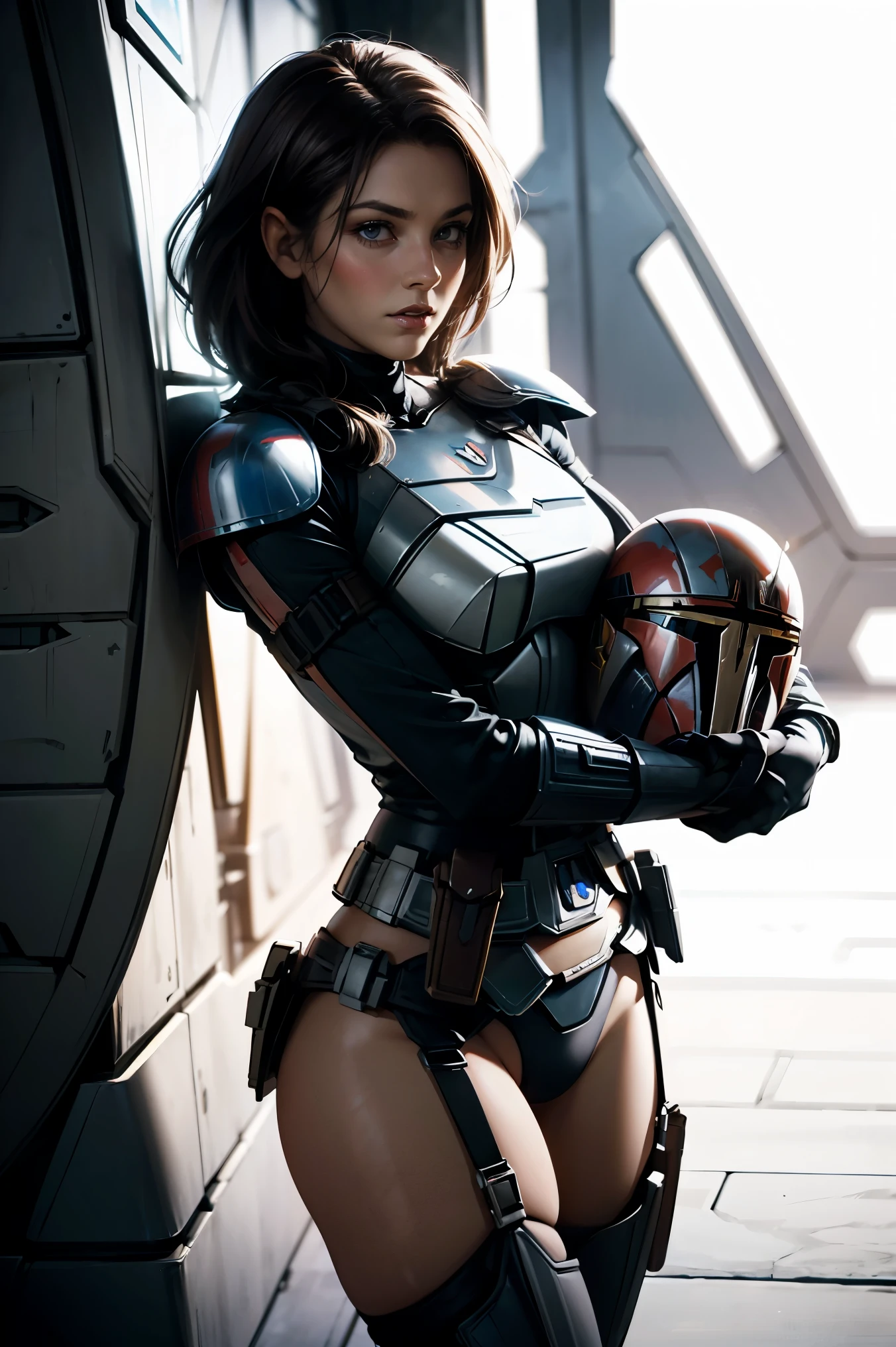Star Wars Worldview ,A Mandalorian woman takes off her Helmets ,Helmets,Beautiful Mandalorian ,Hold the Mandalorian Helmets in your arms, big eyes,GARTER BELT , slender , Ripped Outfit ,slimming, Tide, is wearing Mandalorian armor , has a Mandalorian Helmets