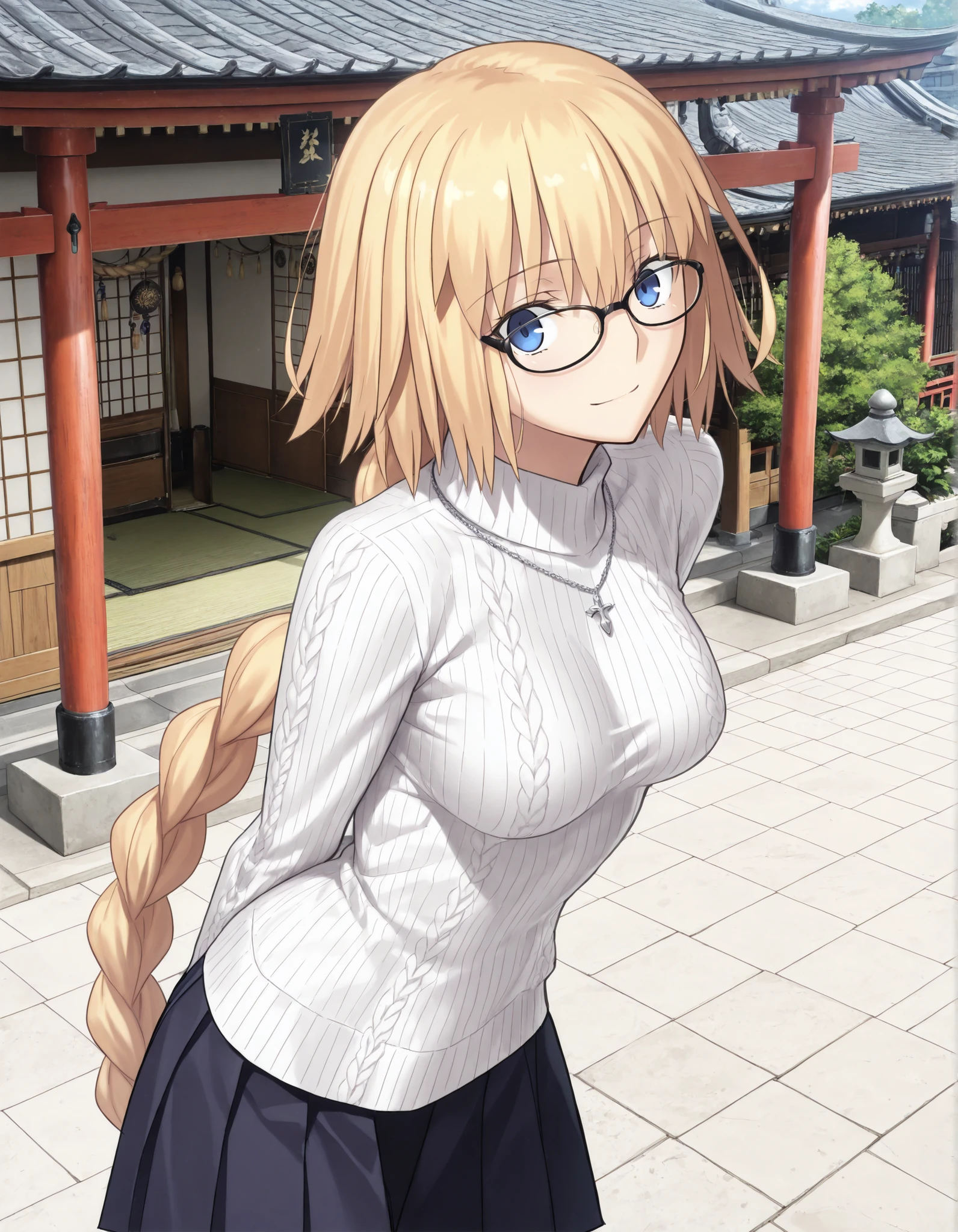 masterpiece, , absurdres, highres, detailed background, high resolution, masterpiece, necessary, detail, best quality, quality, necessary, details, High details, Precise, from above, from side, outdoors,((Japanese architecture)),(financial district), solo,
1 tall girl, detailed, Takeuchi Takashi (type-moon,tsukihime) style, takeuchi takashi style,(aged up), light skin, , leaning forward,(light surprised), (arms behind back), necklace, light smile ,
tall girl, slim arms, jeanne d arc, \(fgo\), blue eyes, (glasses), jeanne d arc, blonde hair, medium hair, big single braid, ((very big braid, huge braid)), (high neck sweater, detailed knit), long sleeve, detailed black pleated skirt, ,small breasts, looking at viewer, head tilt, ,