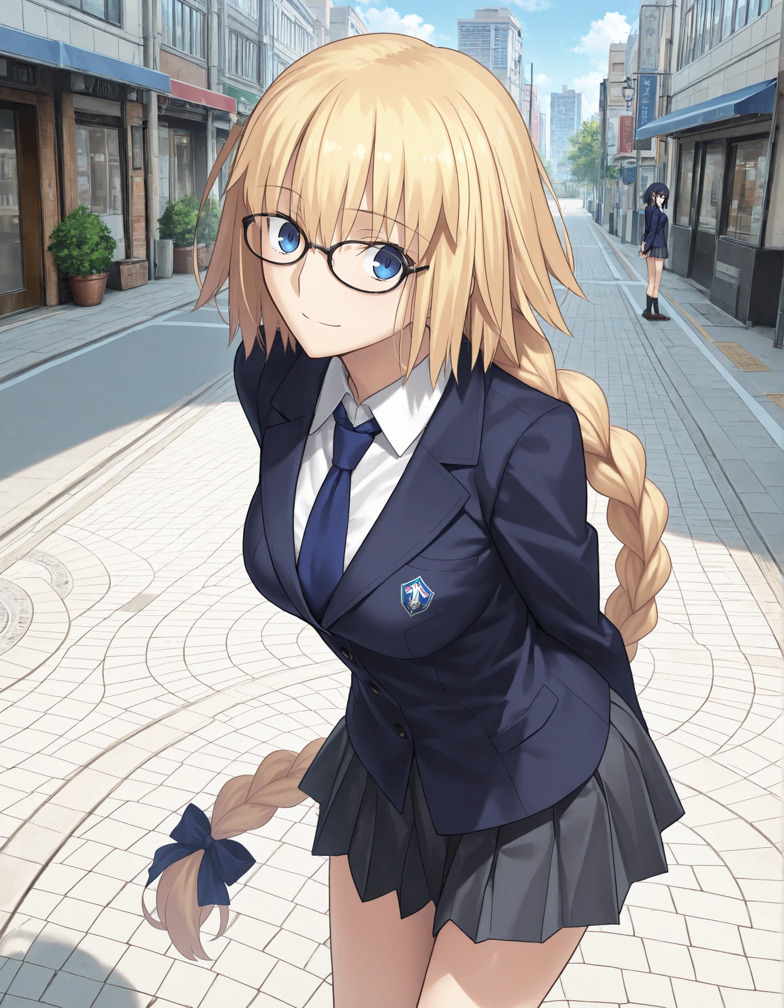masterpiece, , absurdres, highres, detailed background, high resolution, masterpiece, necessary, detail, best quality, quality, necessary, details, High details, Precise, from above, from side, outdoors,((Shibuya crossing)),(financial district), solo,
1 tall girl, detailed, Takeuchi Takashi (type-moon,tsukihime) style, takeuchi takashi style,(aged up), light skin, , leaning forward,(light surprised), (arms behind back), necklace, light smile ,
tall girl, slim arms, jeanne d arc, \(fgo\), blue eyes, (glasses), jeanne d arc, blonde hair, medium hair, big single braid, ((very big braid, huge braid)), (seifuku, dark blue blazer ,white collared undershirt),necktie, long sleeve, detailed black pleated skirt, ,small breasts, looking at viewer, head tilt, ,