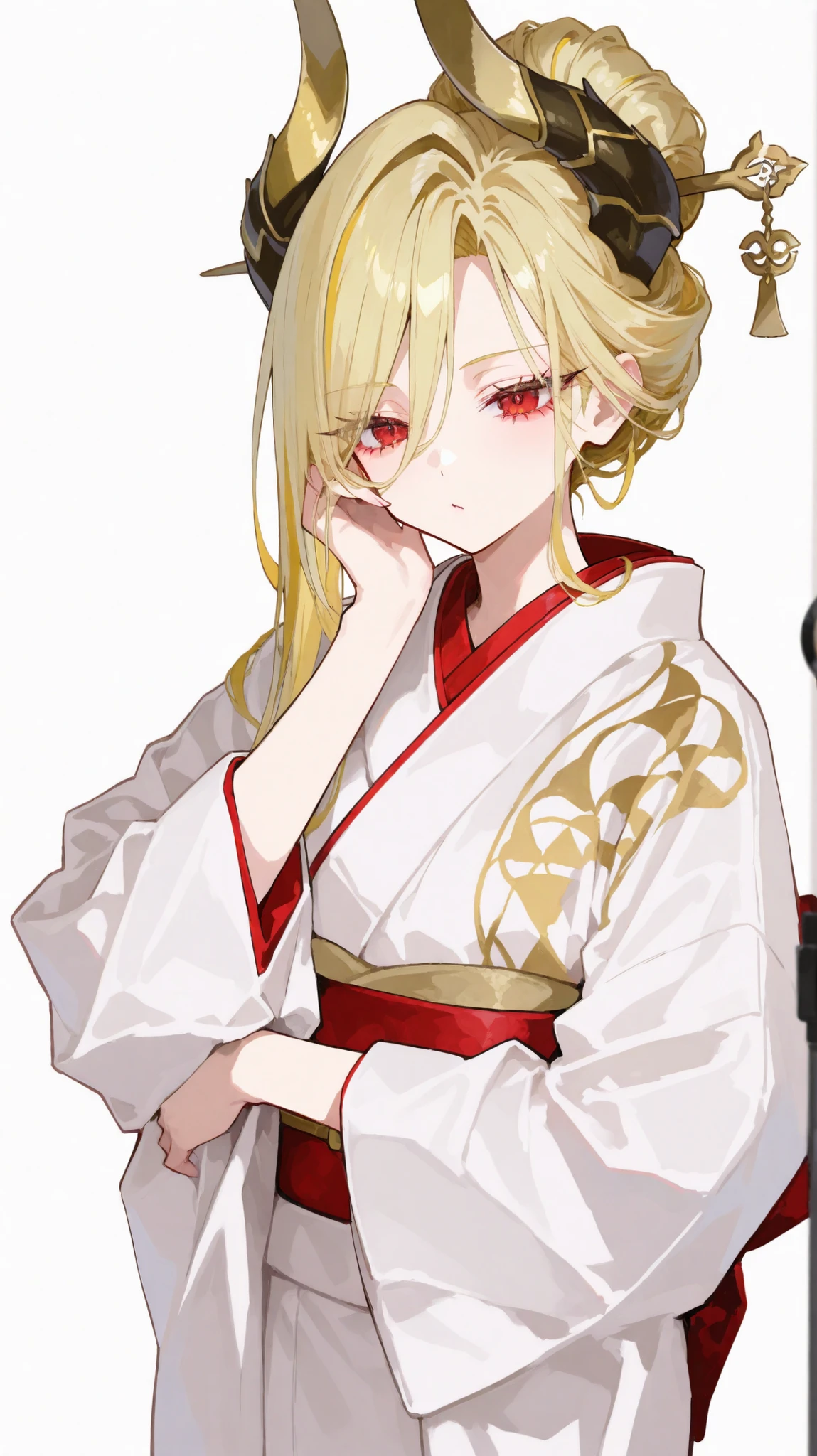 Regent Shape,Has a long horn,Blonde Golden Hair,Japan,Hair bun,white kimono,Long Eyelashes,There is a big, long horn.,standing,white background, red eyes, Selfie,hand under cheek,FRYING FILTER