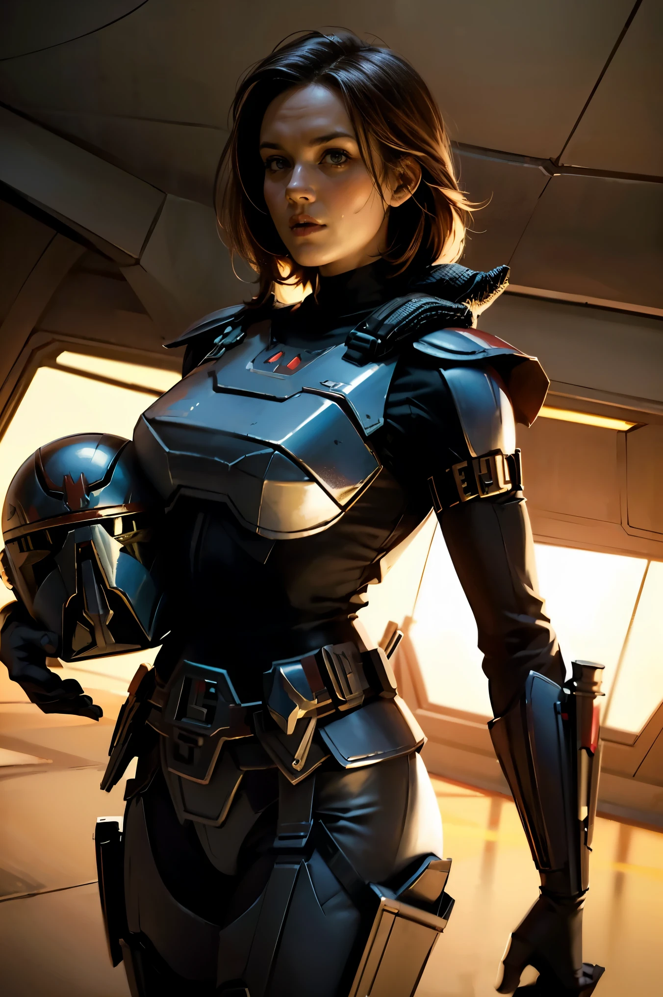 Star Wars Worldview ,A Mandalorian woman takes off her Helmets ,Helmets,Beautiful Mandalorian ,Hold the Mandalorian Helmets in your arms, big eyes,GARTER BELT , slender , Ripped Outfit ,slimming, Tide, is wearing Mandalorian armor , has a Mandalorian Helmets