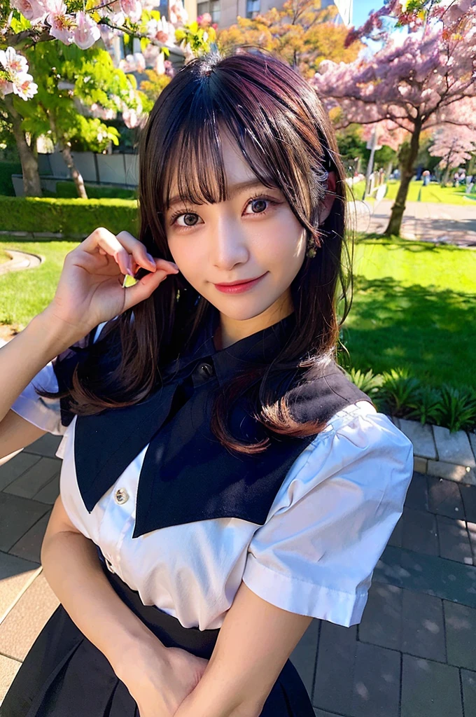 最high quality,Very detailed,finely,High resolution,8K壁紙,Perfect dynamic composition,Young Japanese Woman,Age 25, Black Hair, thin, 4K, 8K, high quality, beauty, smile, White teeth,Beautiful Eyes, Characterized by simplicity, High resolution,1 person,Japanese Idols,Large Breasts,Landmine Makeup,Red cheeks,Hands on chin,Burikko Pose,Small face pose