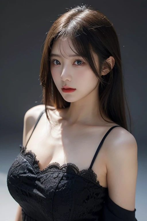 Beautiful Korean style girl, photoshoot, backlighting, dark tones, professional lighting. Wearing a black veil brides, revealing the chest, high-definition picture, Realistic image, Highest quality light red hair, brown eyes, Highest image quality, Highly detailed and professional lighting, smiles Serious facial expression, sharp focus, masterpiece, full body shot, big breasts, gather your breasts together, standing in front of Fuji mountain, 20 years old, snow, sakura, sea