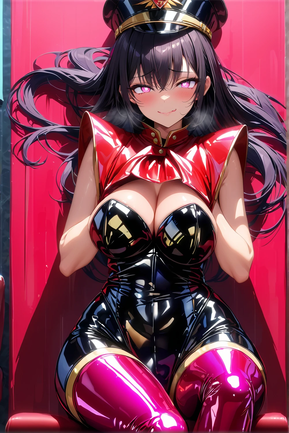 masterpiece, best quality, 1lady,seductive smile,pink eyes,hollow eyes,large breasts,glamour body,black long hair, (finely detailed beautiful eyes and detailed face),pink leotard,latex costume,military coat,military hat,cinematic lighting,sexy pose,extremely detailed picture unity 8k wallpaper,solo,(enamel leotard:0.3),thigh high,