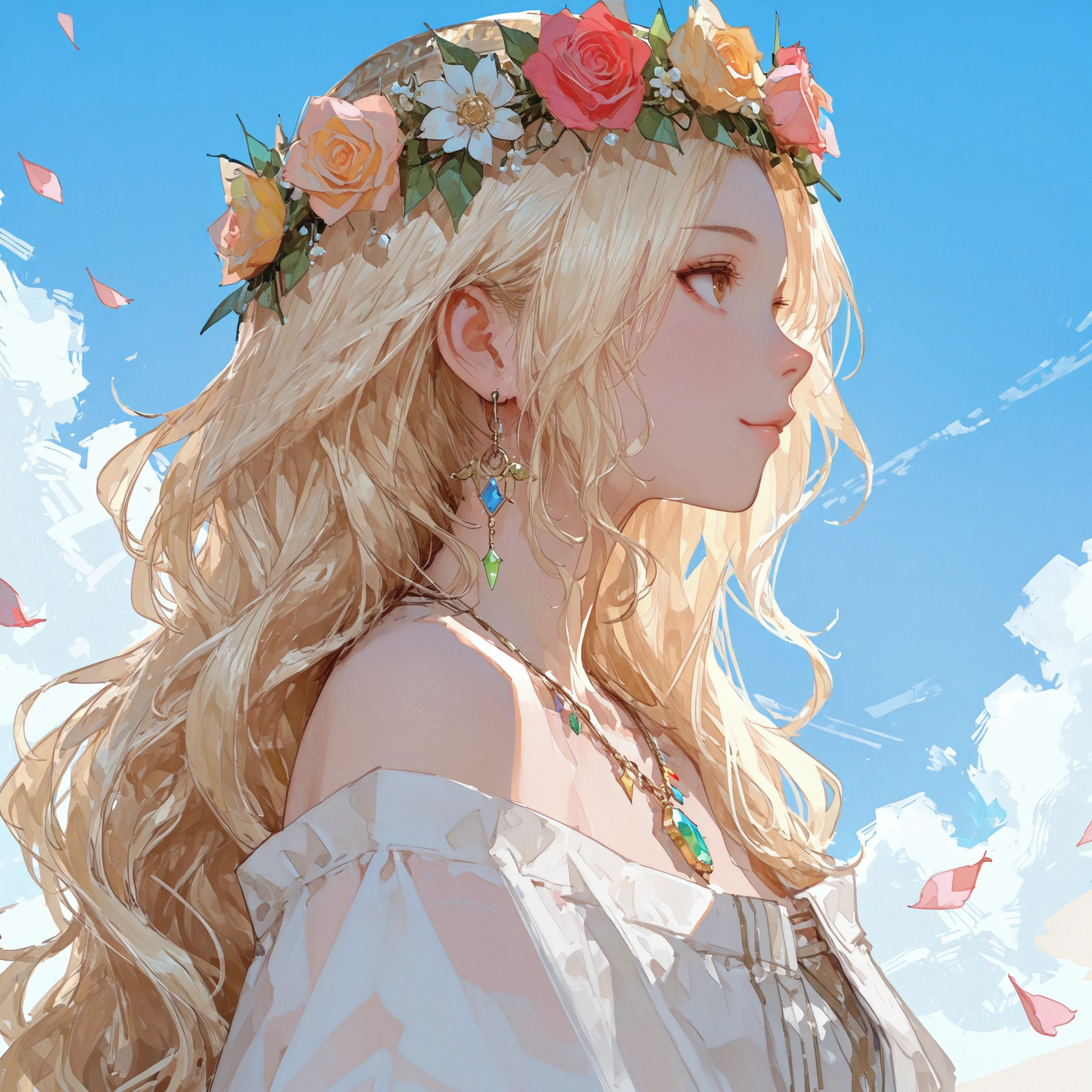 close-up, side shot, profile, makes an aesthetic, Master piece, Best Quality, ultra detailed, a very beautiful girl, very long blonde hair, wavy hair, brown eyes, gorgeous wreath of colorful roses, BREAK, graceful necklace of gem stone, white off-shoulder dress, light smile, blue sky, petal