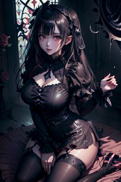 ((masterpiece)), (best quality), 8k, ultra-detailed, absurdress, 1girl, goth, goth makeup, maid uniform, black lips, black lipstick, long sleeves, sitting