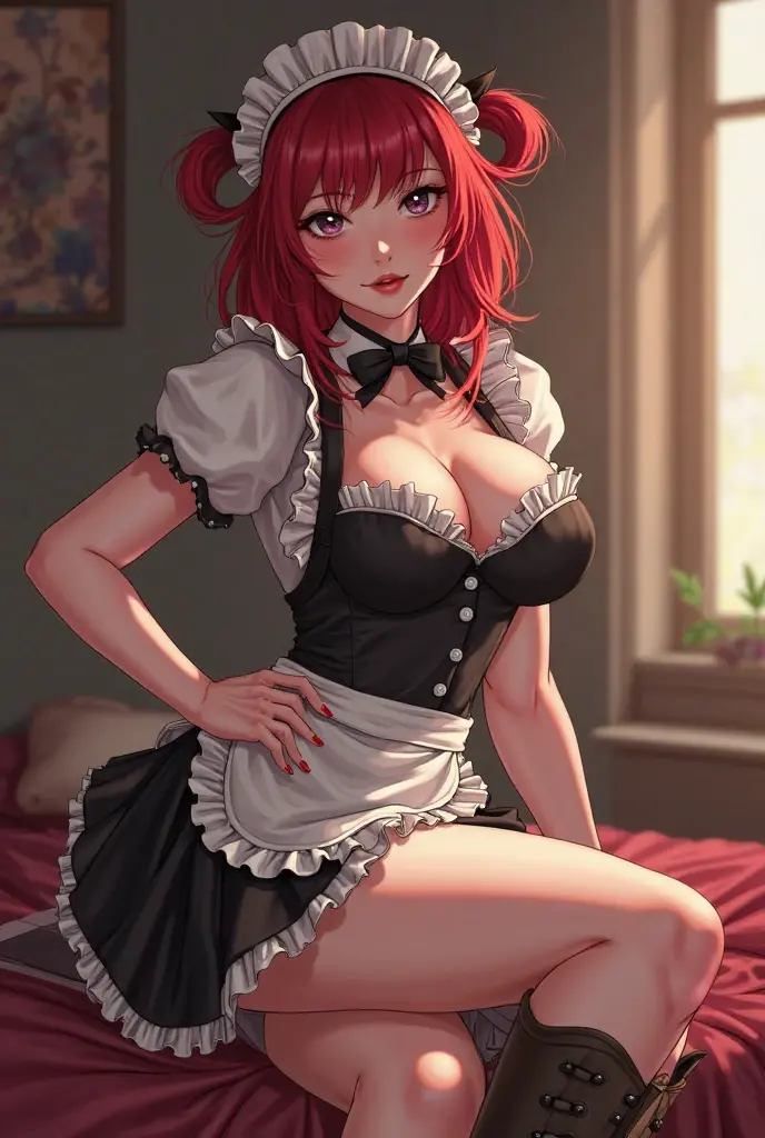 (masterpiece), (best quality), (ultra-detailed), perfect eyes, cute face, blush, perfect lighting, (solo), (cute, adorable), (nice hands, perfect hand), glossy, light red lipstick, expressive eyes, eyelashes, eyeshadow, eyeliner, (parted lips, smile), ((wide hips)), lady, (any eyes:1.3), any hair, room, sunlight, day, pale skin, cleavage , <lora:GoodHands-beta2:1.2>, maid, <lora:add_detail:0.8>, (thigh gap:1.3), (maid dress:1.4), (black thighhighs:1.3), (necklace:1.4), looking at viewer, skirt lift, (no panties:1.4), from below, nsfw, ( garter belt,:1.5), cleft of venus, pussy, pussy juice, pussy juice stain, <lora:Innie Pussy:0.8>,, 8k
