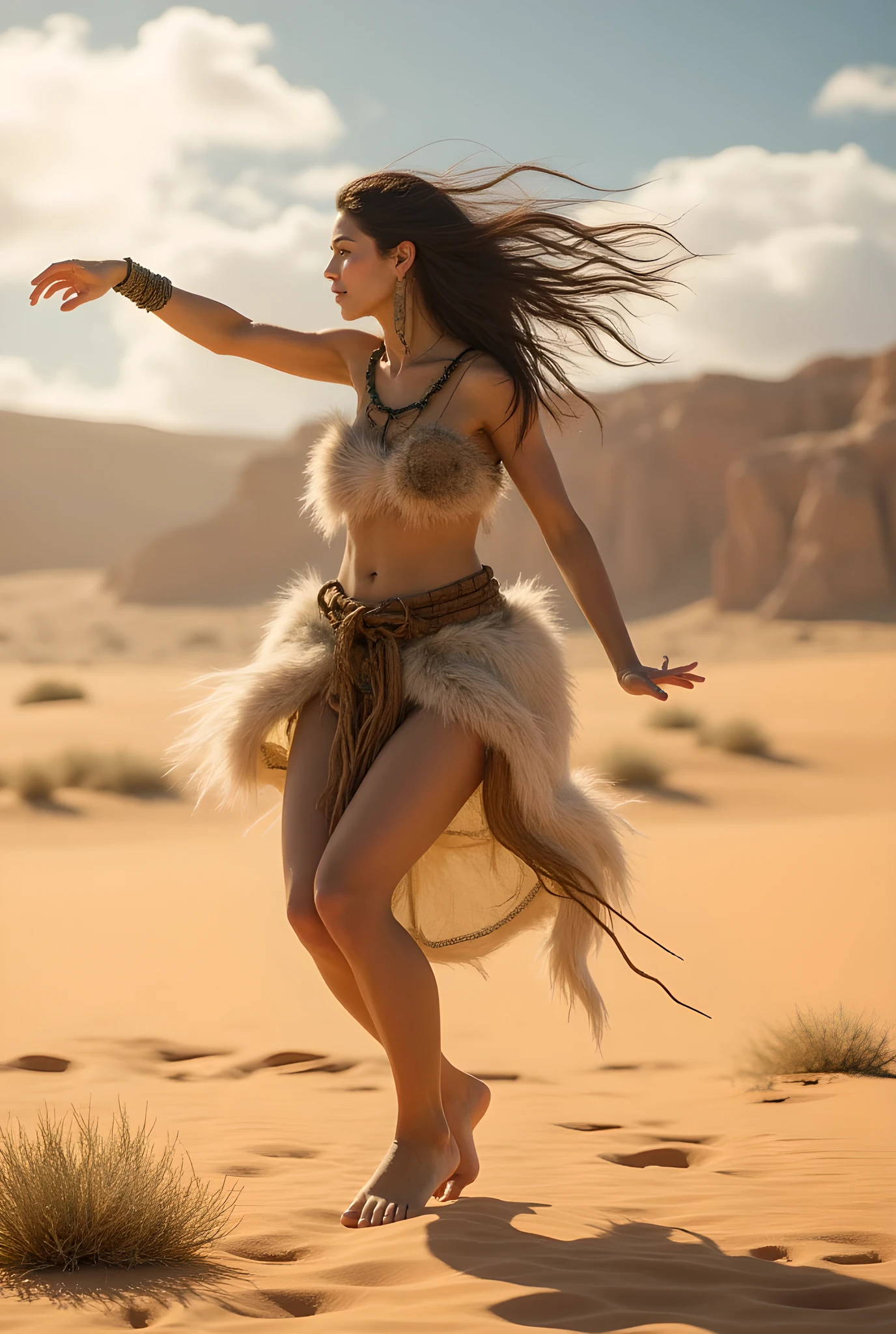Safe Image Work, 

(Realistic ultra intricately natural landscape),during primitive Prehistoric era,smiling expression,a female primitive tribal bard,,she is wearing simple folk traditional primitive fur long tunic dress, in the desert on the scenery,she is folk dancing body motions,(perfectly busty body|cinematic dynamically environmental camera angle scenery:accurately depicted:1.3),the tribe depicting scenery,, realistically full depth,(cinematography dynamic angle|hyperrealistic:realistic scenery:3d texture over the scenery),sunny day scenery,summer season,(cinematography vibe), desert landscape in the background,(dynamic image composition),(octane 3d rendering|50mm lens shot:1.3),(lifelike skin texture:lifelike hair),(best rule of third photography composition),(best image aperture),(full details depth of field),(best shutter speed),(RAW photo image),(photorealistic|photorealism:hyperrealism style),(realistic depth 3d:cgi:1.3),(trending on cgsociety:devianart:unreal engine 5),(best photography:national Geographic style),flowerpunk artwork, digital art,best lighting concept,realistic fixed human anatomy body and hands anatomy, inspired by farcry5 game artwork.