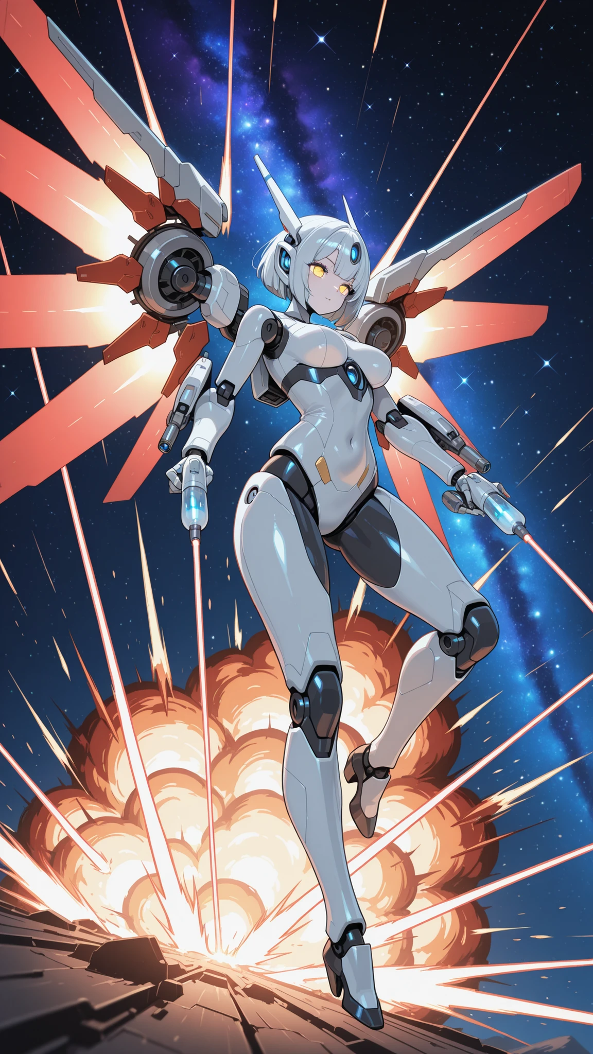 artistic, Ultra High Definition, robot girl, Combat Form, laser light, machine wing deployment, thruster injection, combat explosion, cyber parts, Galaxy Background, Energy Wave