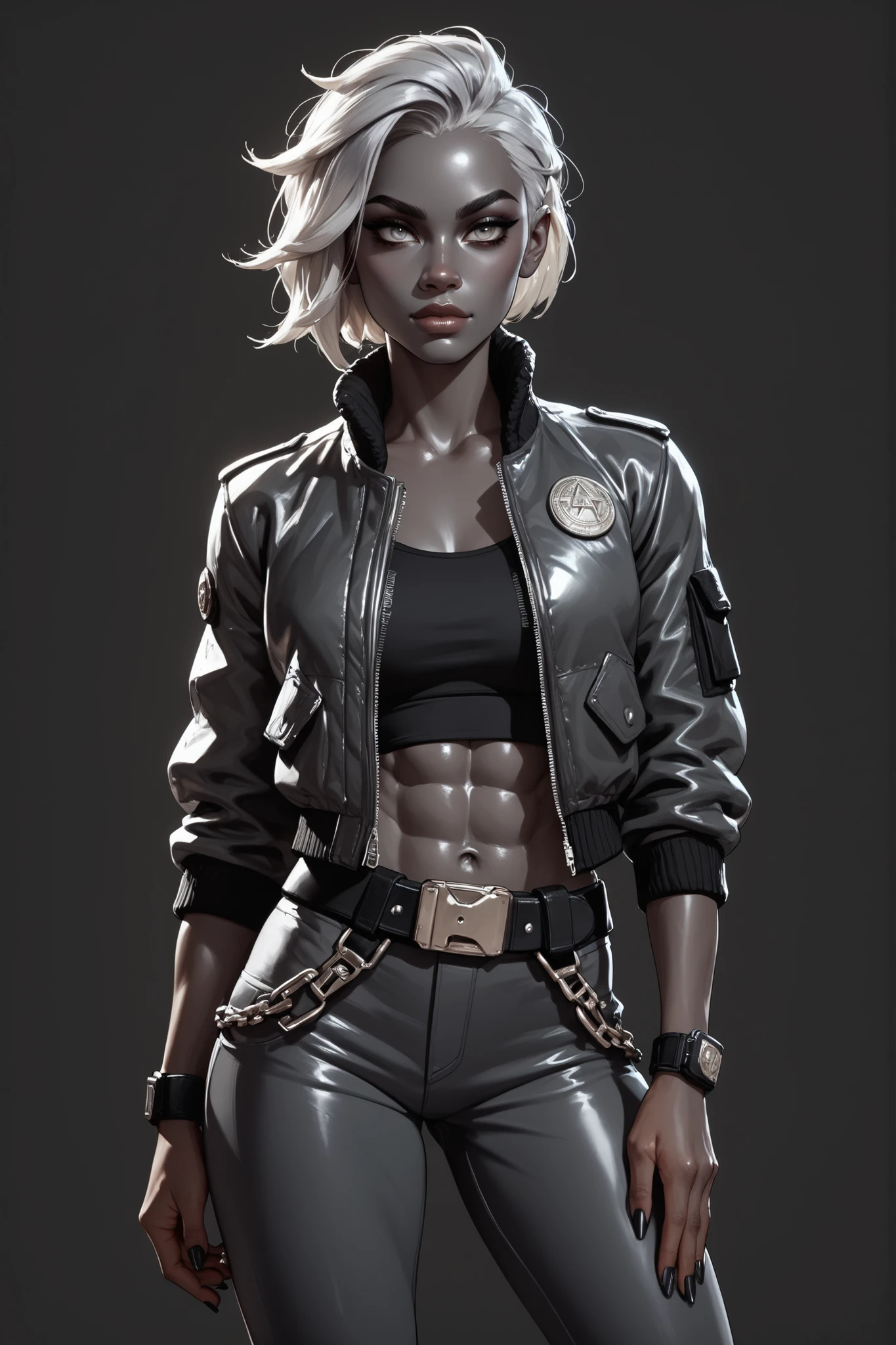 (Tomboy Drow), SFW, pretty face, human nose, space station background, thin body, slim, fit, dark blonde hair, tomboy pixie cut, blueeyes, adjatha, utility belt, cropped jacket, black tanktop, jean pants, SFW, dark elf, (lavender skin)