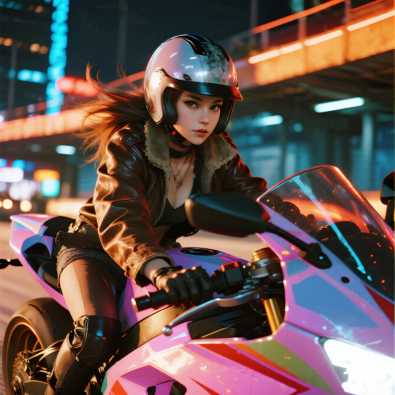 {{A breathtakingly beautiful woman racing at breakneck speed atop a high-performance motorcycle in a hyper-realistic Cyberpunk style}}, the scene illuminated by cinematic lighting that accentuates every intricate detail. This is a Cyberpunk-inspired image that captures {((the thrilling fusion of high-speed action and futuristic urban aesthetics))}. The environment/background should be {((a sprawling metropolis with towering skyscrapers and bustling streets, bathed in the neon glow of Cyberpunk technology))} to create an {((atmosphere of dynamic energy and urban sophistication))}. The image should be rendered in {((ultra-realistic and meticulously detailed))} style, drawing from {((the gritty and lifelike aesthetics of Cyberpunk-themed media))}. The medium shot, captured with a {((medium telephoto))} lens, will provide a {((sense of velocity and realism))}. The lighting should be {((cinematic and dramatic))}, casting {((striking shadows and highlights that enhance the realism and depth of the scene))}. The desired level of detail is {((exquisitely intricate and visually captivating))} with a {((high-definition))} resolution, showcasing {((the realistic textures of the woman's attire, the intricate design of the racing motorcycle, and the urban landscape))}. The goal is to create a {((visually stunning and emotionally engaging))} image that immerses viewers in {((the adrenaline-fueled world of Cyberpunk racing))}.