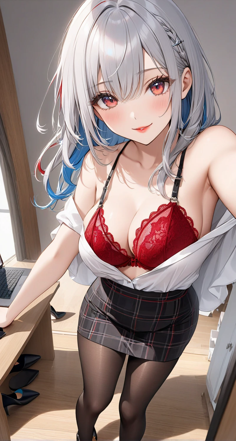 ((masterpiece)), ((best quality)), ((ultra detailed)), ((beautiful and aesthetic)),
1girl, kamisato_ayaka, solo focus,  gasping, embarrassed,  large breasts,  ((school uniform)), pleated skirt, ((serafuku)), red ribbon, short sleeves, ((bare waist)),
clothes lift, shirt lift, selfie, cloth on see-through white  lingerie,
bedroom, window,
from above,
<lora:ClothesLiftSelfieV1:1>,
<lora:kamisato_ayaka:0.85>