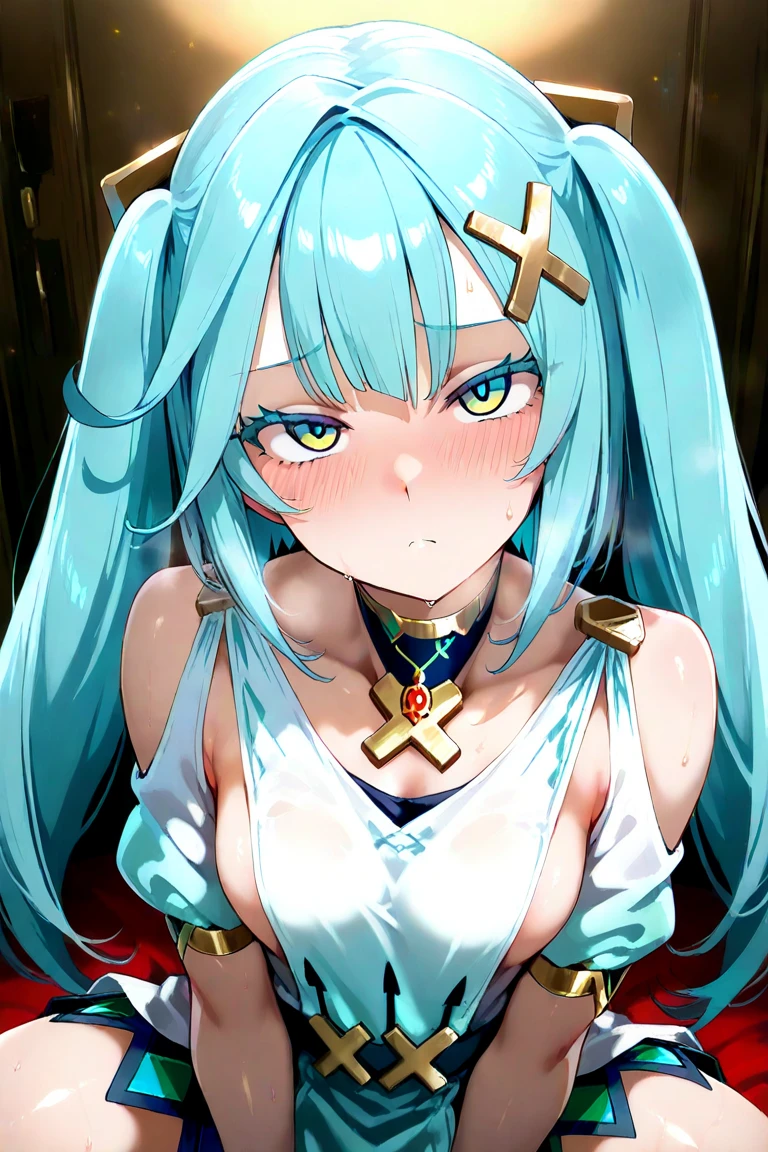 with black curled hair，huge tit，Peach buttocks，tongue stickout，His face was slightly red，Cover your breasts
