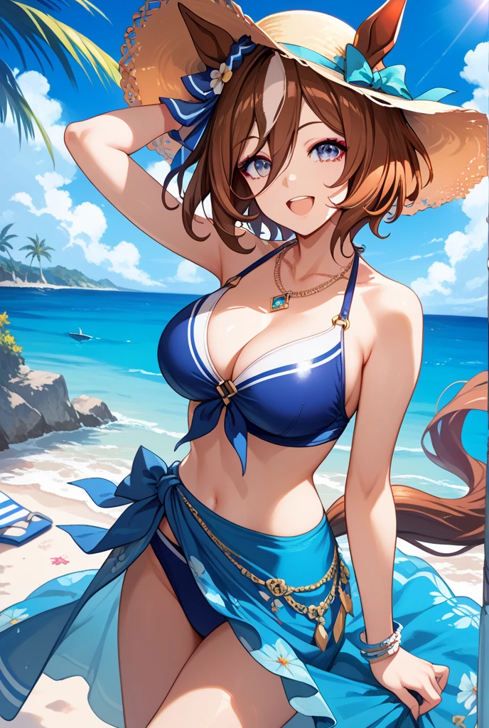 masterpiece, best quality, sumbeatrix, ponytail, blue bikini, hair ornament, sun, beach, running, shiny skin, (large breasts: 3), looking at viewer, smile, open mouth