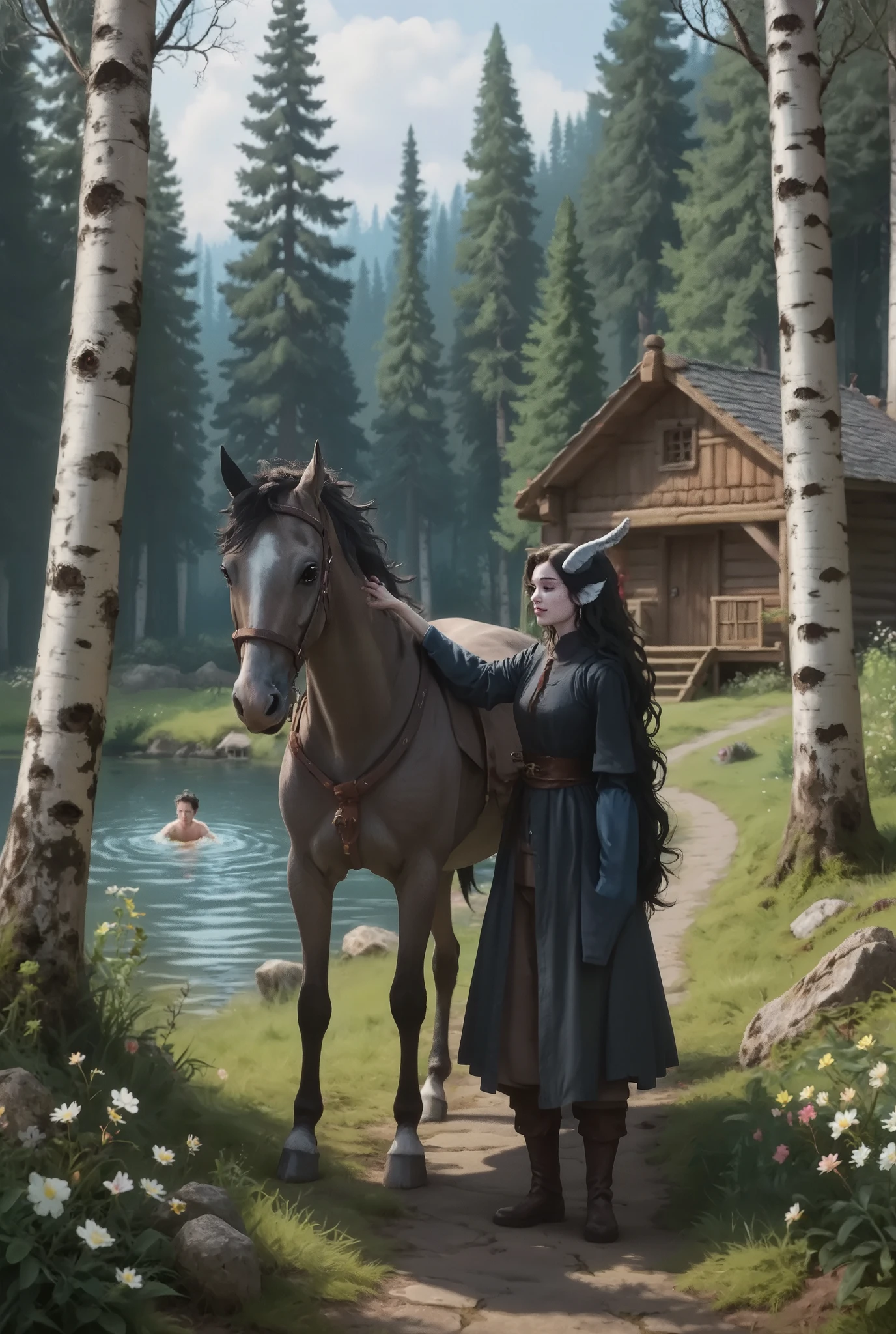Kedra, on the path Sees a horse standing near the lake, Kedra strokes a horse, and in the background, in a small lake, a guy is swimming, beautiful view, forest coniferous forest, birch trees , a small path and a wooden house on the shore, you can see a meadow of flowers, masterpiece, Better quality, High quality, complex parts, clearly, Fantasy style, Fantasy, magic, magic, beautiful details, rich colors, fabulous,