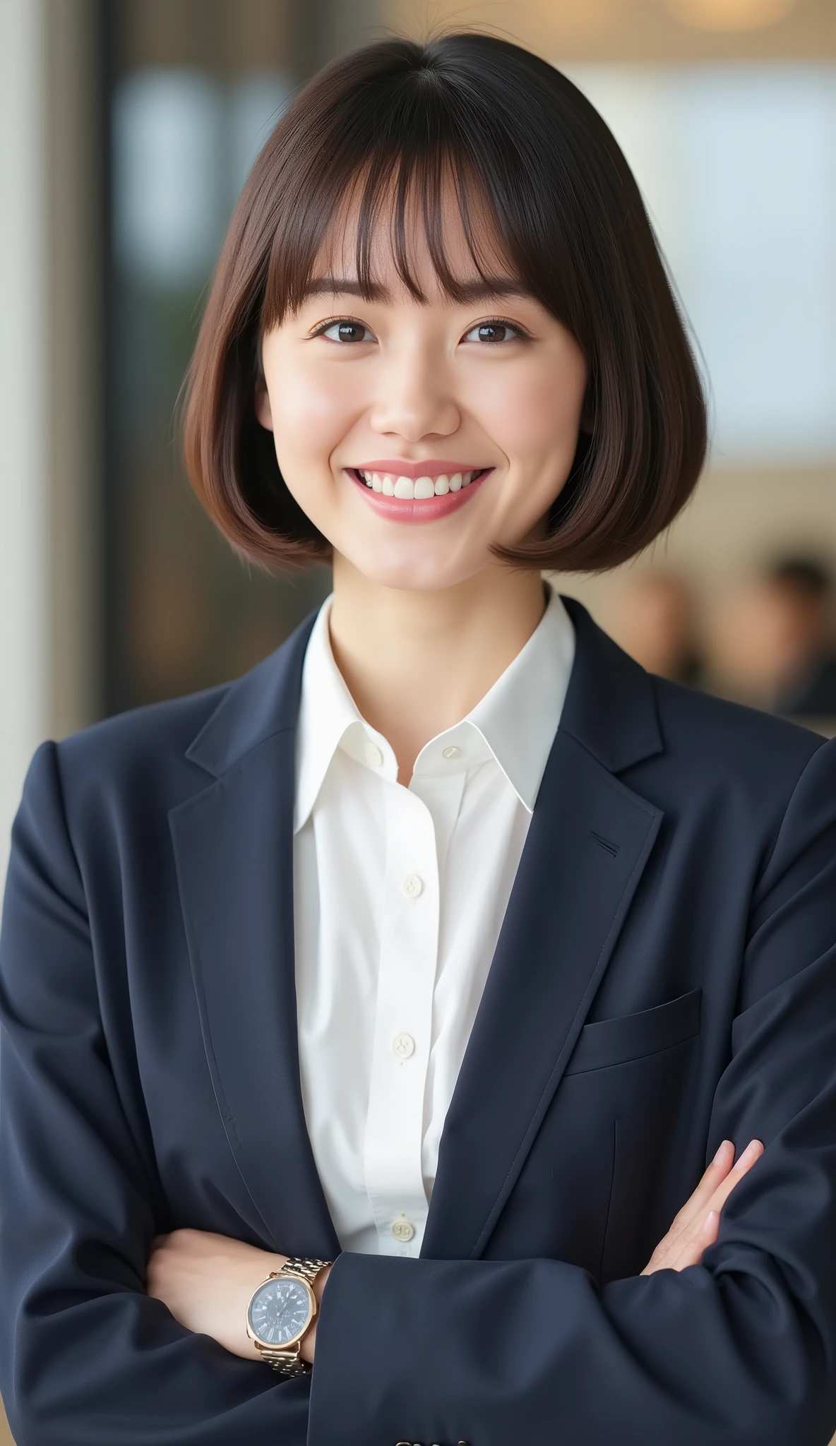 Neat Young Woman、looking at the camera、office lady suit、 Jacket、shirt、necklace、Bob Hairstyle、 pale brown hair、smile showing teeth、The background is office

