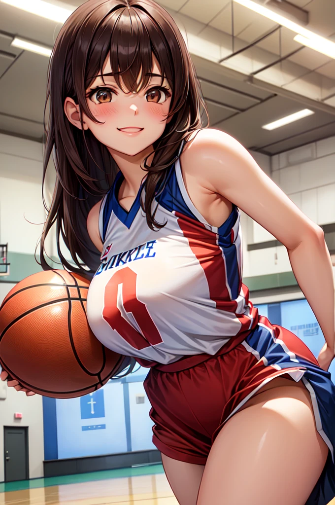 ((anatomically correct)), (masterpiece), super detailed, pretty girl, ((basketball player)), (wet uniform), lots of sweat, smile, mega breasts, ((brown tied hair)), hottest, the wind is strong, golden hour, vulgar, immoral, (upper grade), weak shading, with backlight, 3on3 court, transparent nipples,
