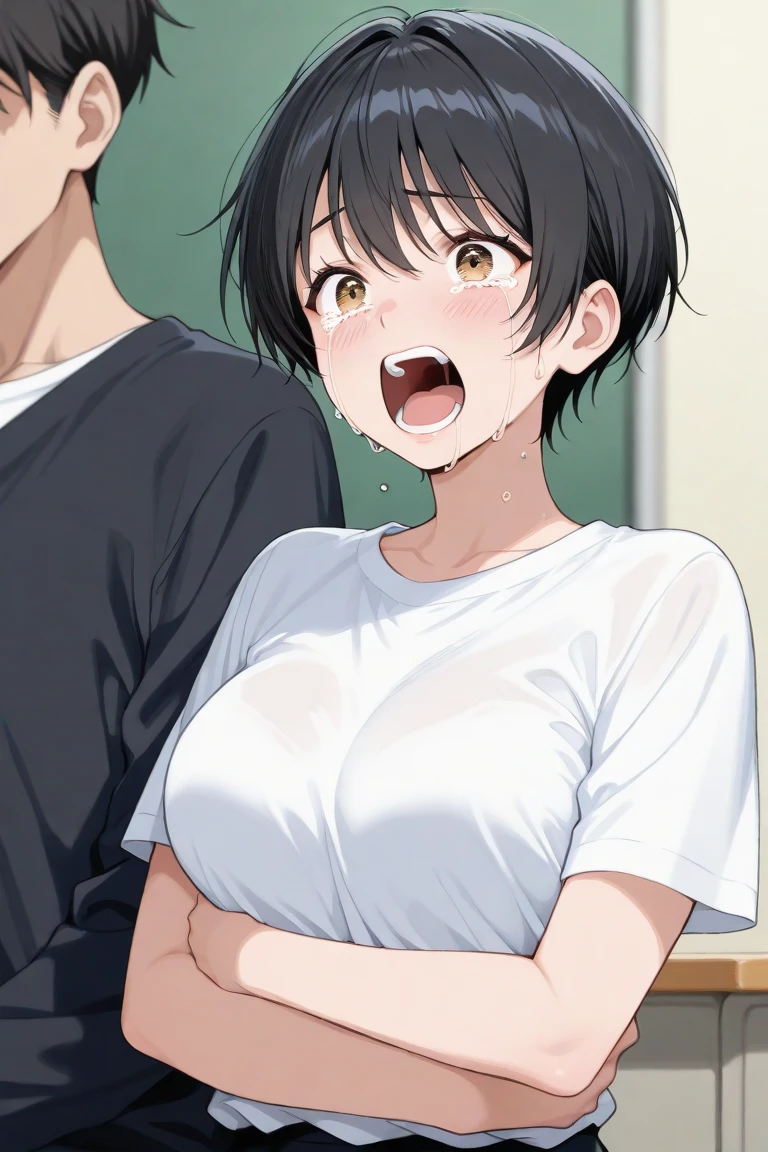 masterpiece, best quality, 1 girl, solo, shinobu miyake, long hair, bangs, purple hair, (green eyes:1.5), bob cut,  nsfw, half undress, (tears overflow:1.2), (1girl, 1boy, blush, from side, head grab, irrumatio, saliva on penis), (deepthroat),