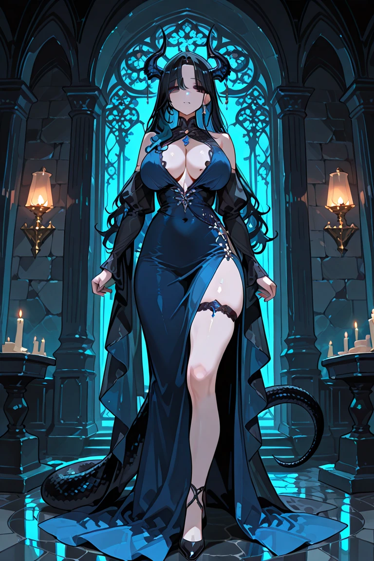 (best quality, alto), dragon girl in a long dress, sedutor e maduro. Ela tem um olhar cativante e lindos olhos detalhados. Her lips are also detailed and attractive. Dragon scales cover your body, brilhando com uma cor vibrante. Seus longos cabelos fluem graciosamente, increasing your charming appearance. O vestido elegante e fluido, acentuando suas curvas. Lighting highlights your features, creating a dramatic and striking atmosphere. rainha , rainha sexy , Nearest image